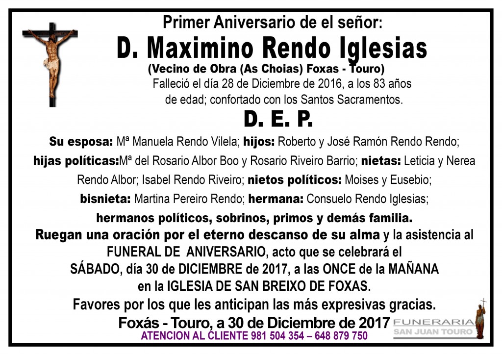 Esquela Aniversario D. maximino rendo iglesias