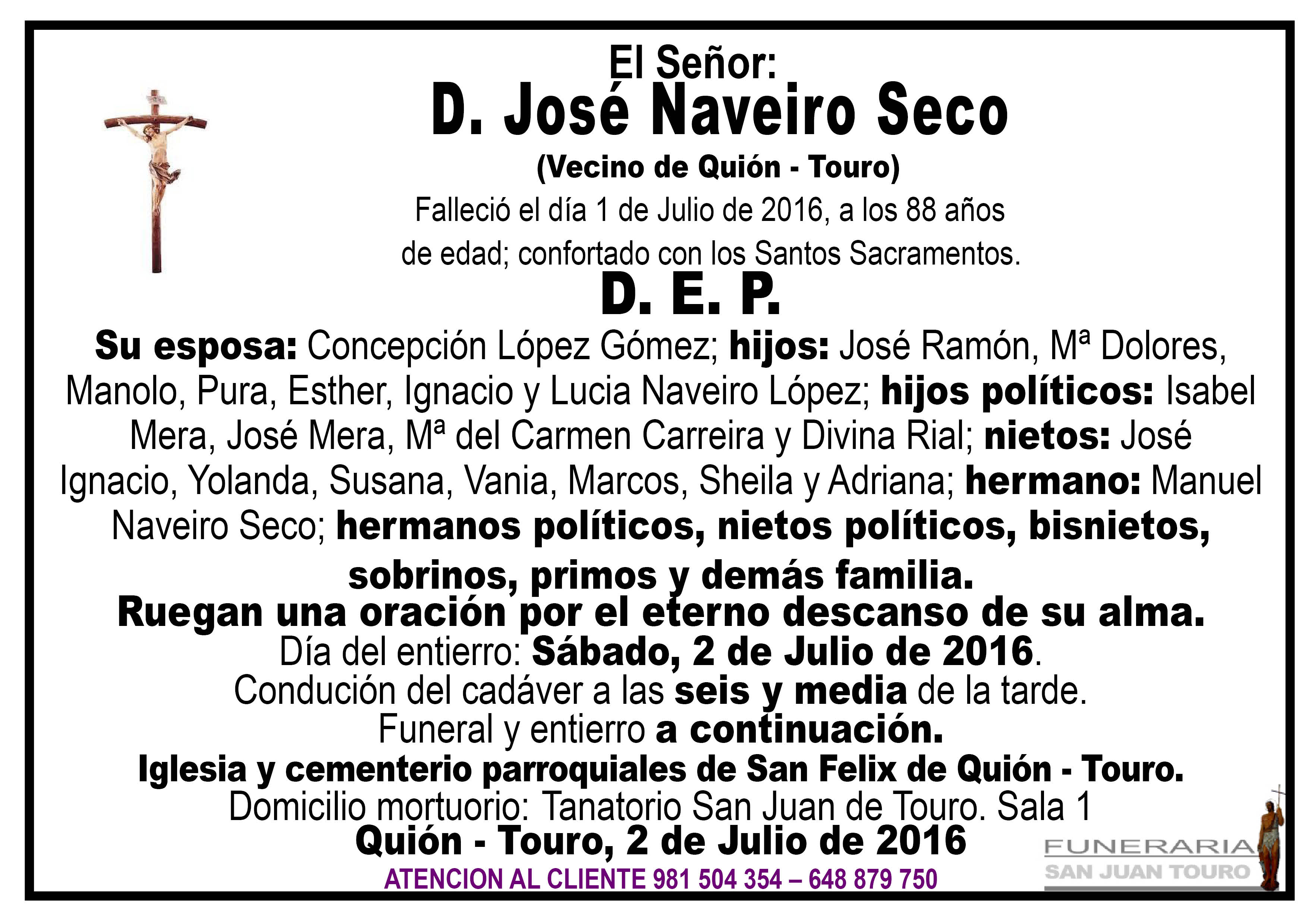 Esquela de SEPELIO D. JOSÉ NAVEIRO SECO