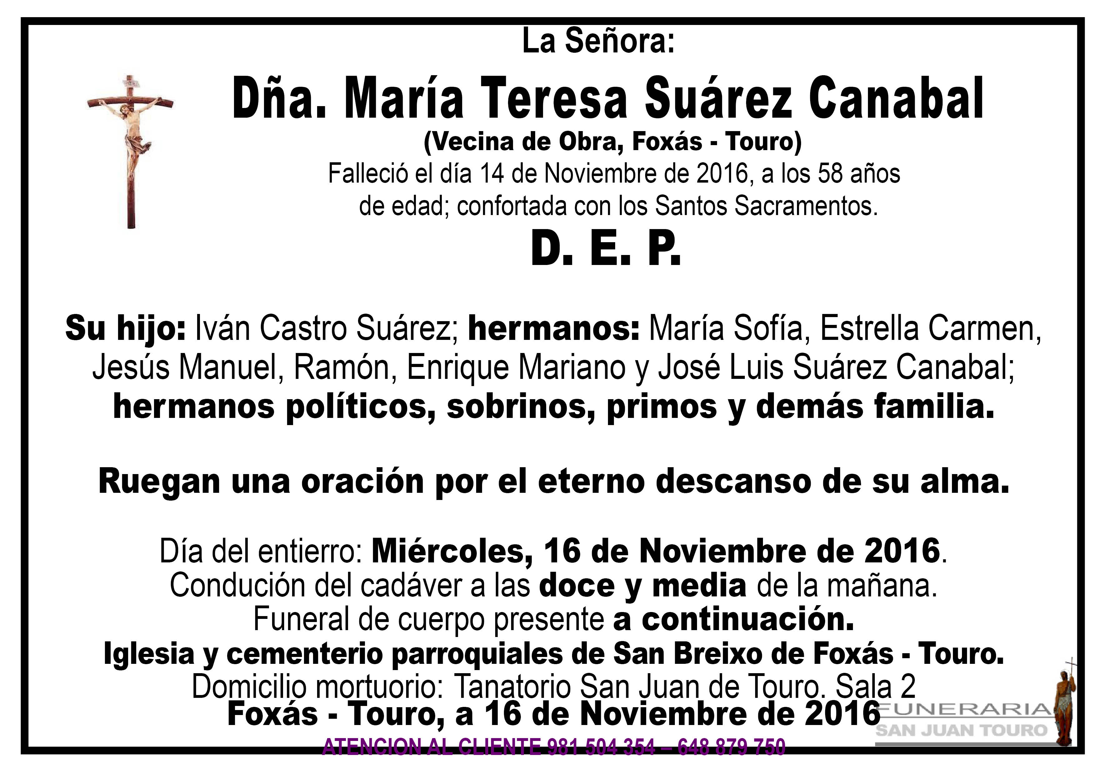 Esquela de SEPELIO DÑA MARÍA TERESA SUÁREZ CANABAL