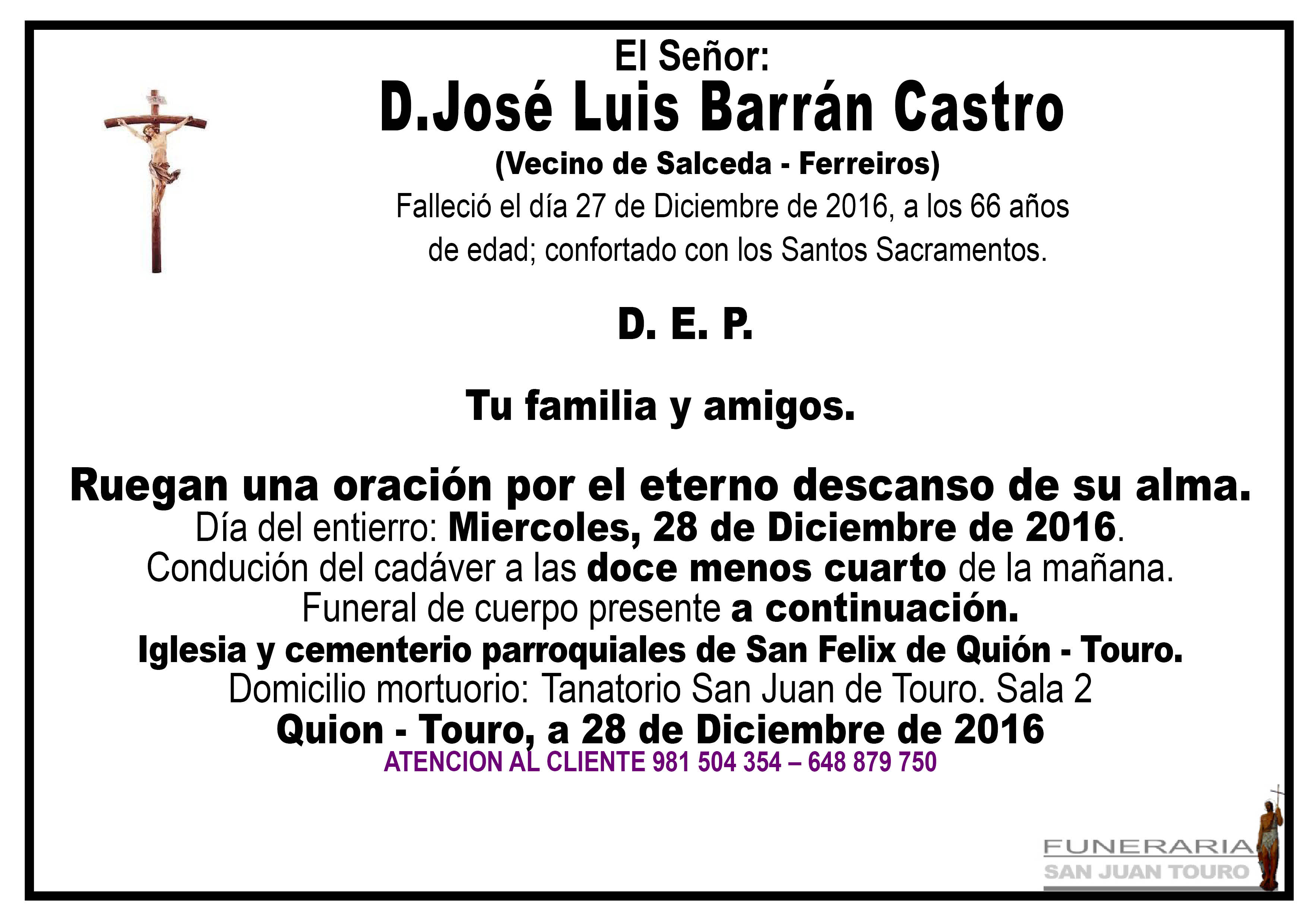 Esquela de Sepelio D José Luis Barrán Castro.