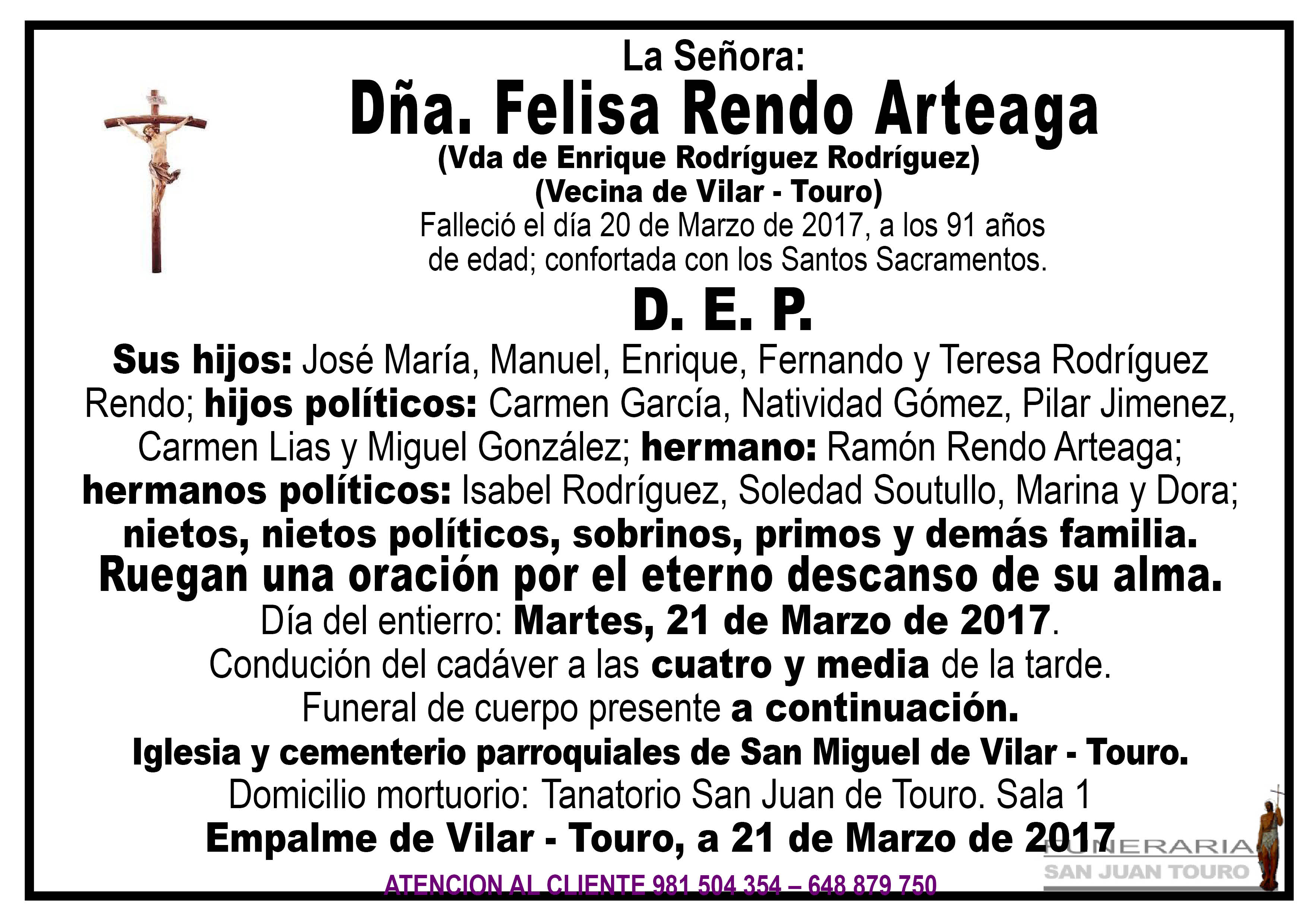 Esquela de SEPELIO DÑA FELISA RENDO ARTEAGA