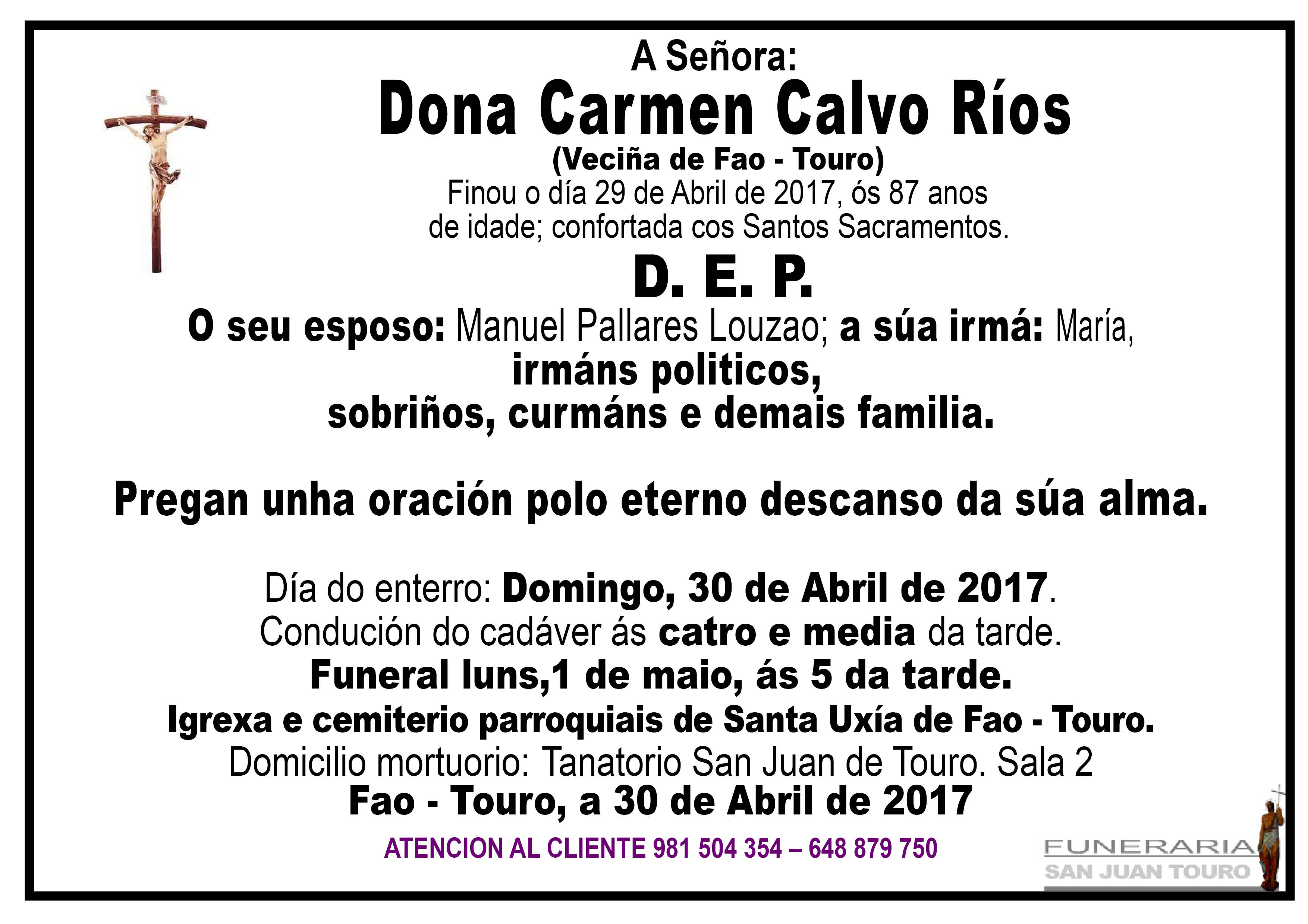 Esquela de Dona Carmen Calvo Ríos