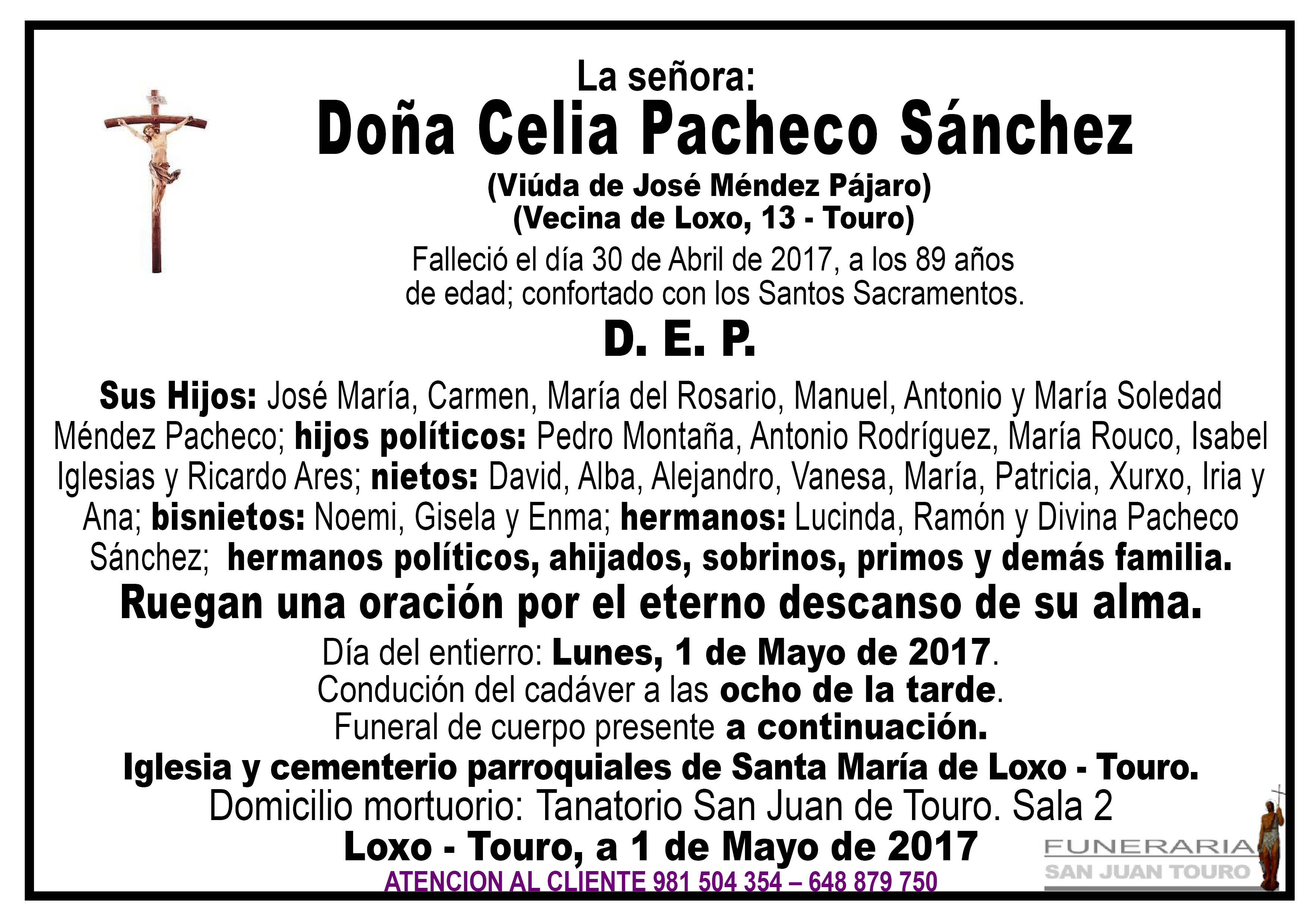 Esquela de SEPELIO DÑA. CELIA PACHECO SÁNCHEZ Esquela de SEPELIO DÑA. CELIA PACHECO SÁNCHEZ