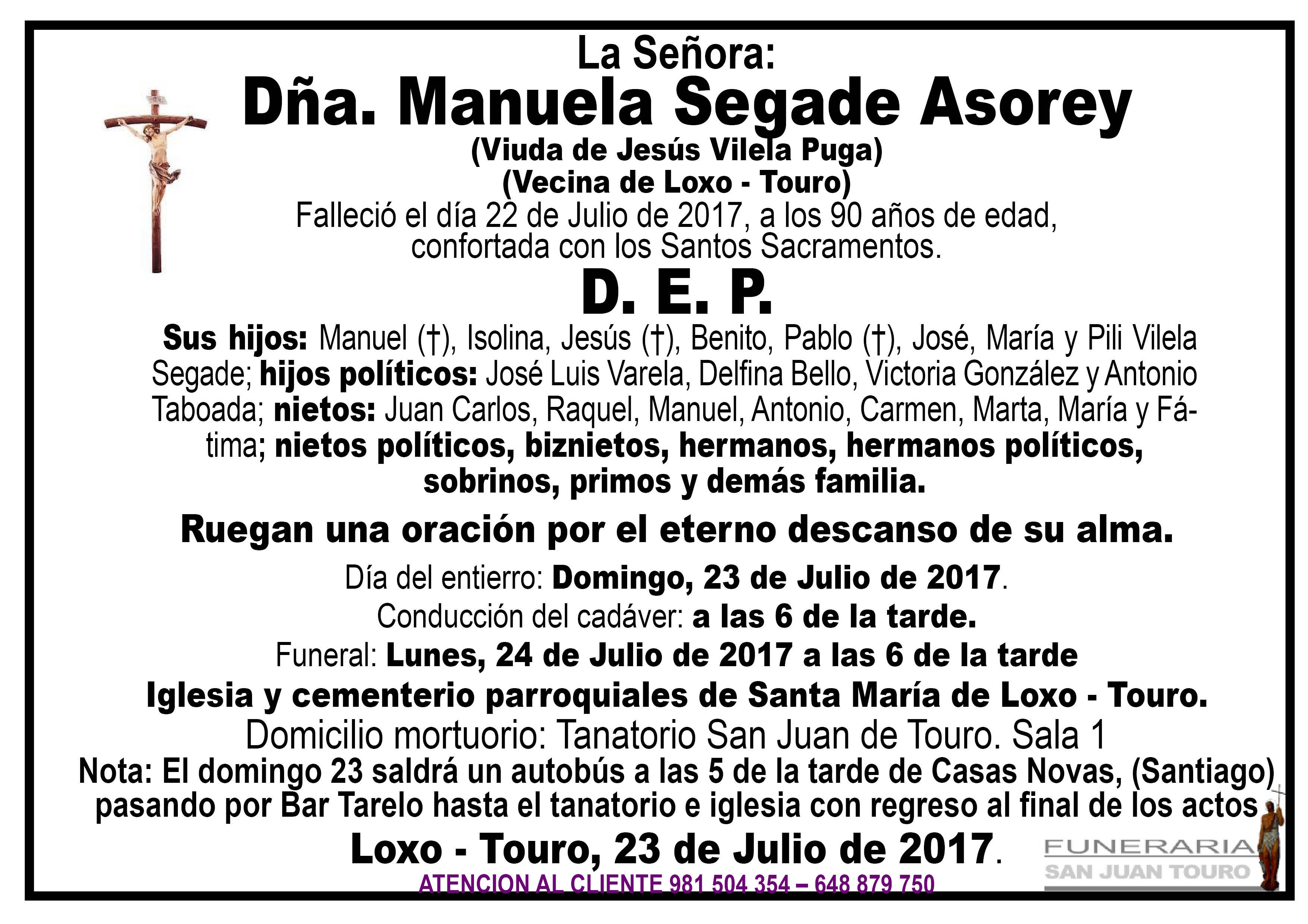 Esquela de SEPELIO DE DÑA. MANUELA SEGADE ASODEY