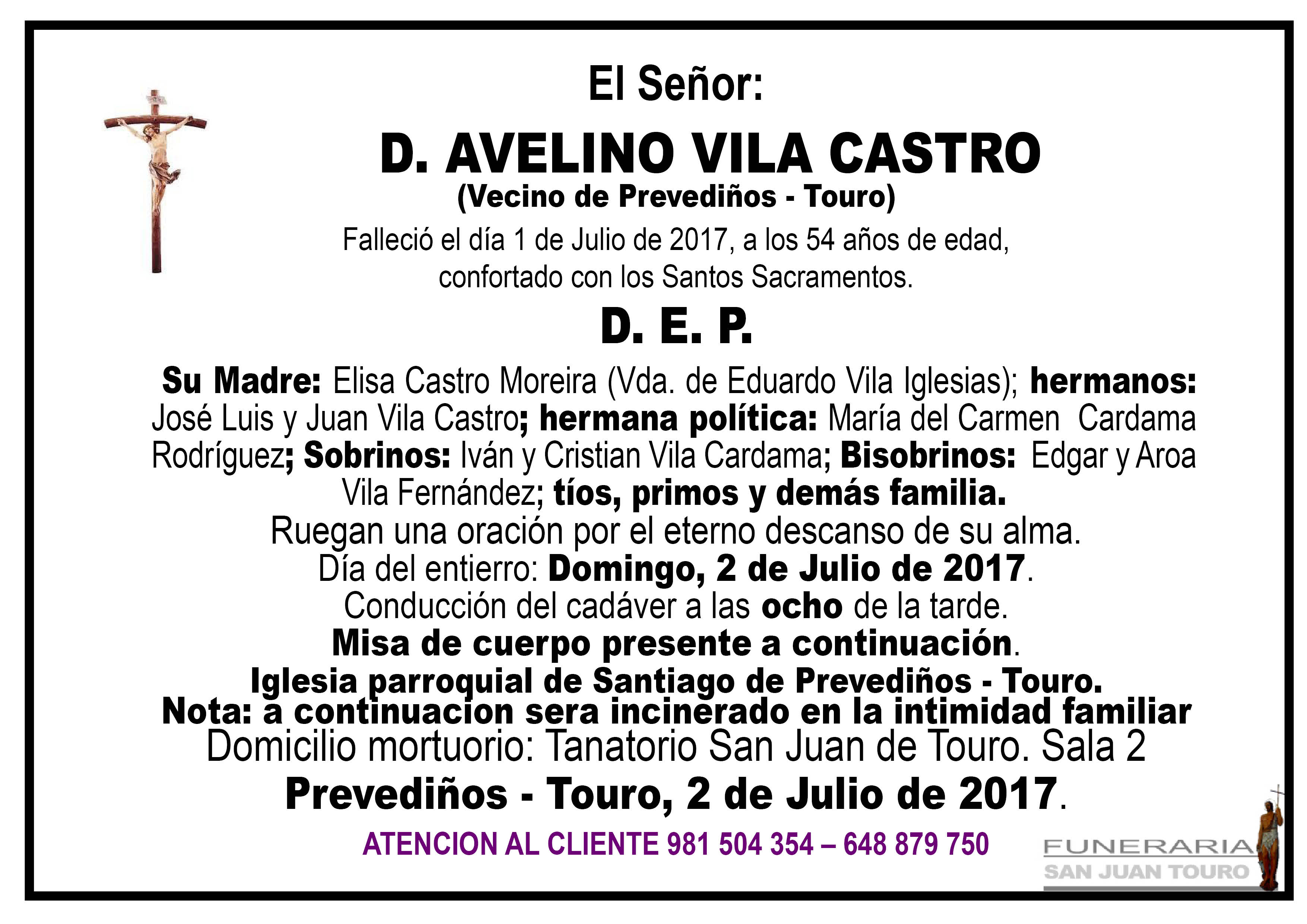 Esquela de SEPELIO DE DON AVELINO VILA CASTRO