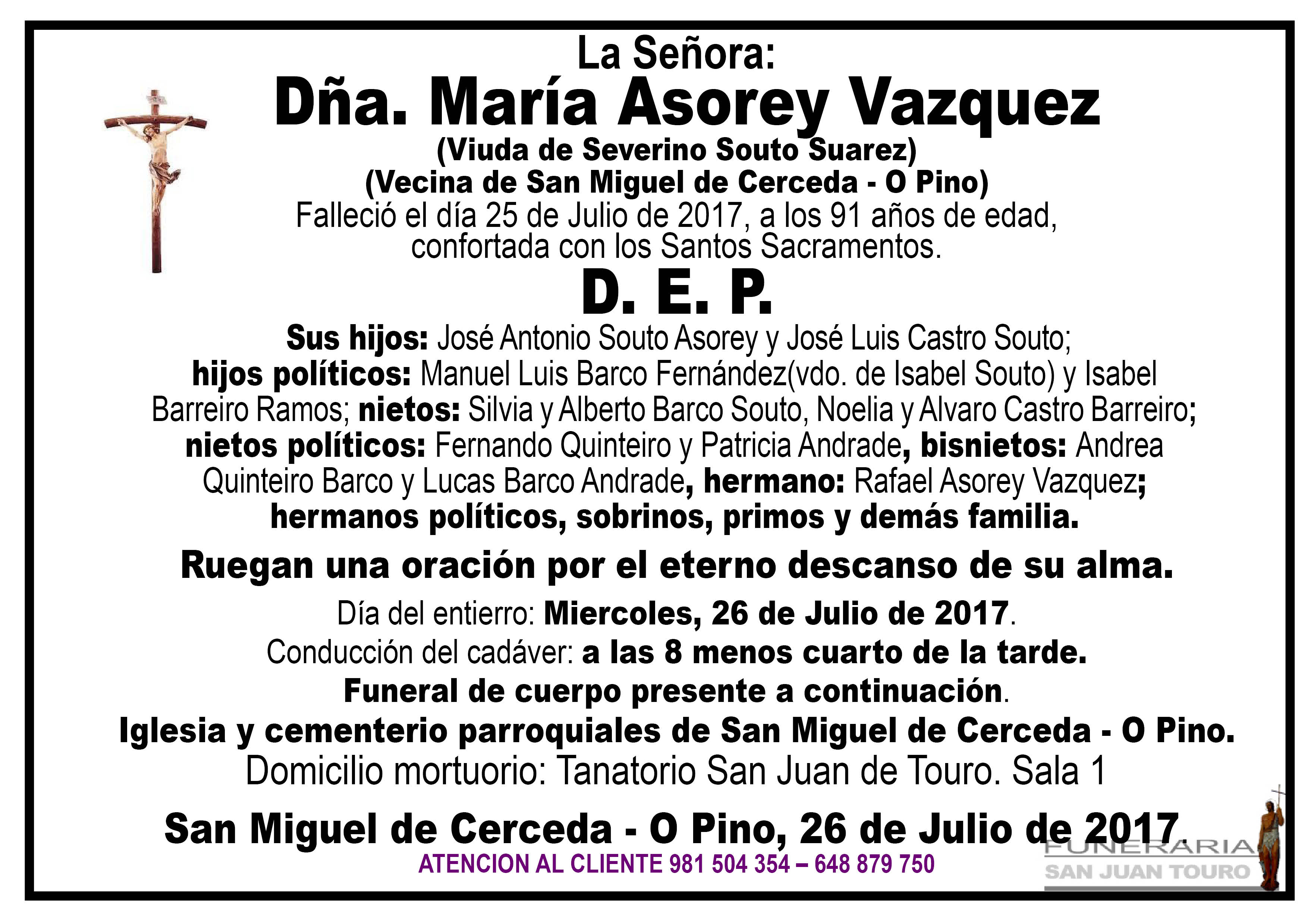 Esquela de SEPELIO DE DÑA. MARIA ASOREY VAZQUEZ