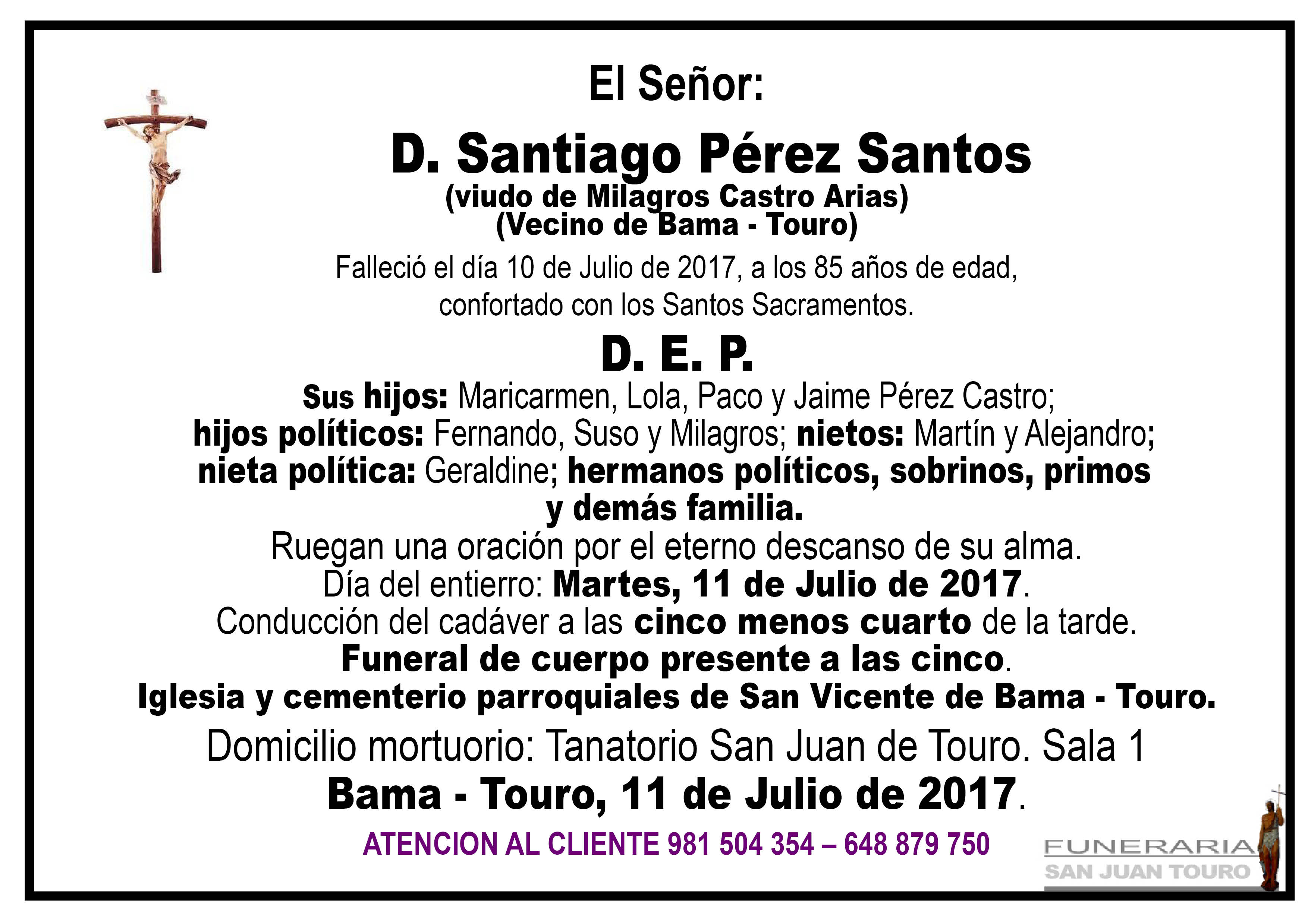 Esquela de SEPELIO DE D. SANTIAGO PEREZ SANTOS