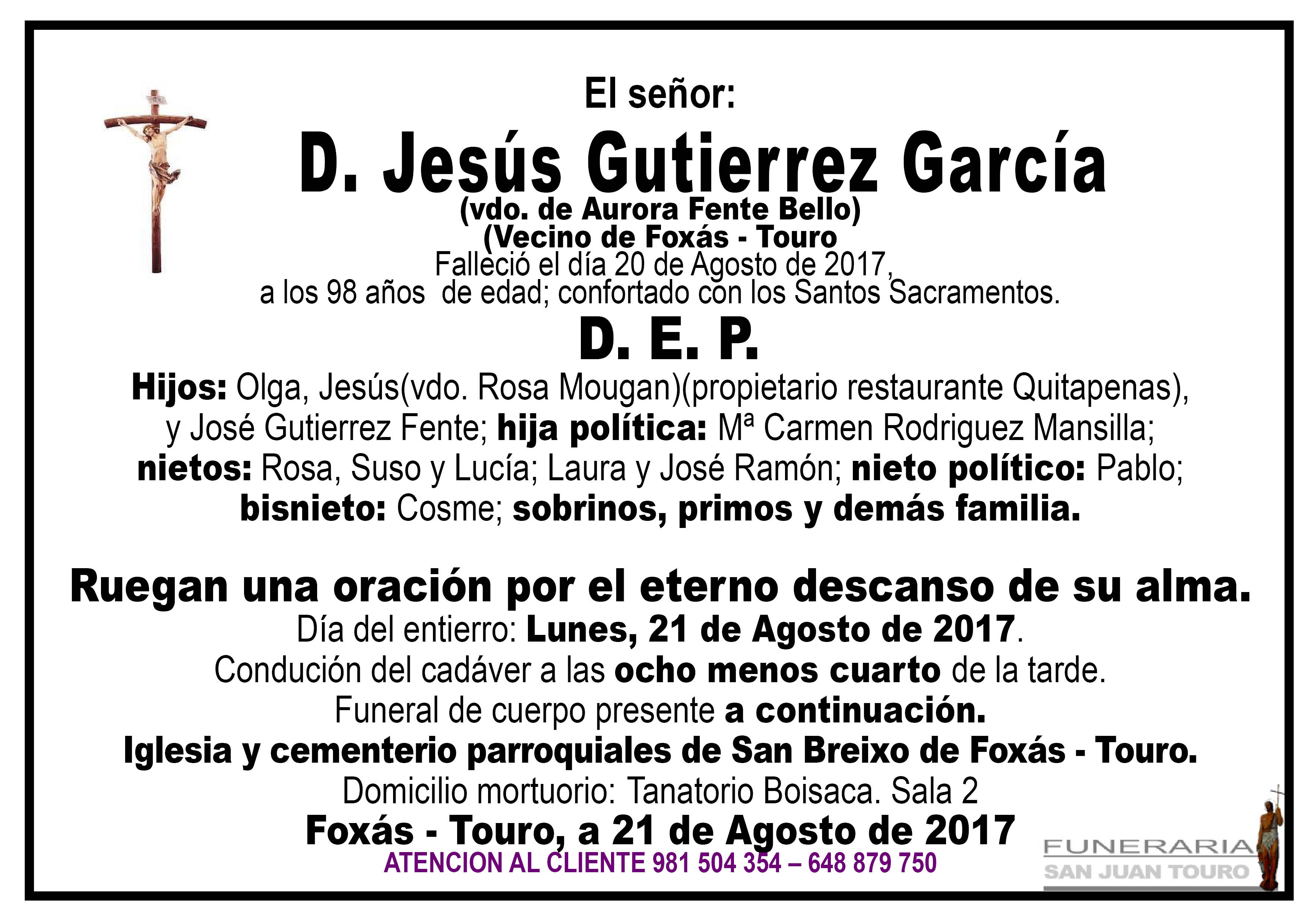 Esquela de SEPELIO DE JESUS GUTIERREZ GARCIA