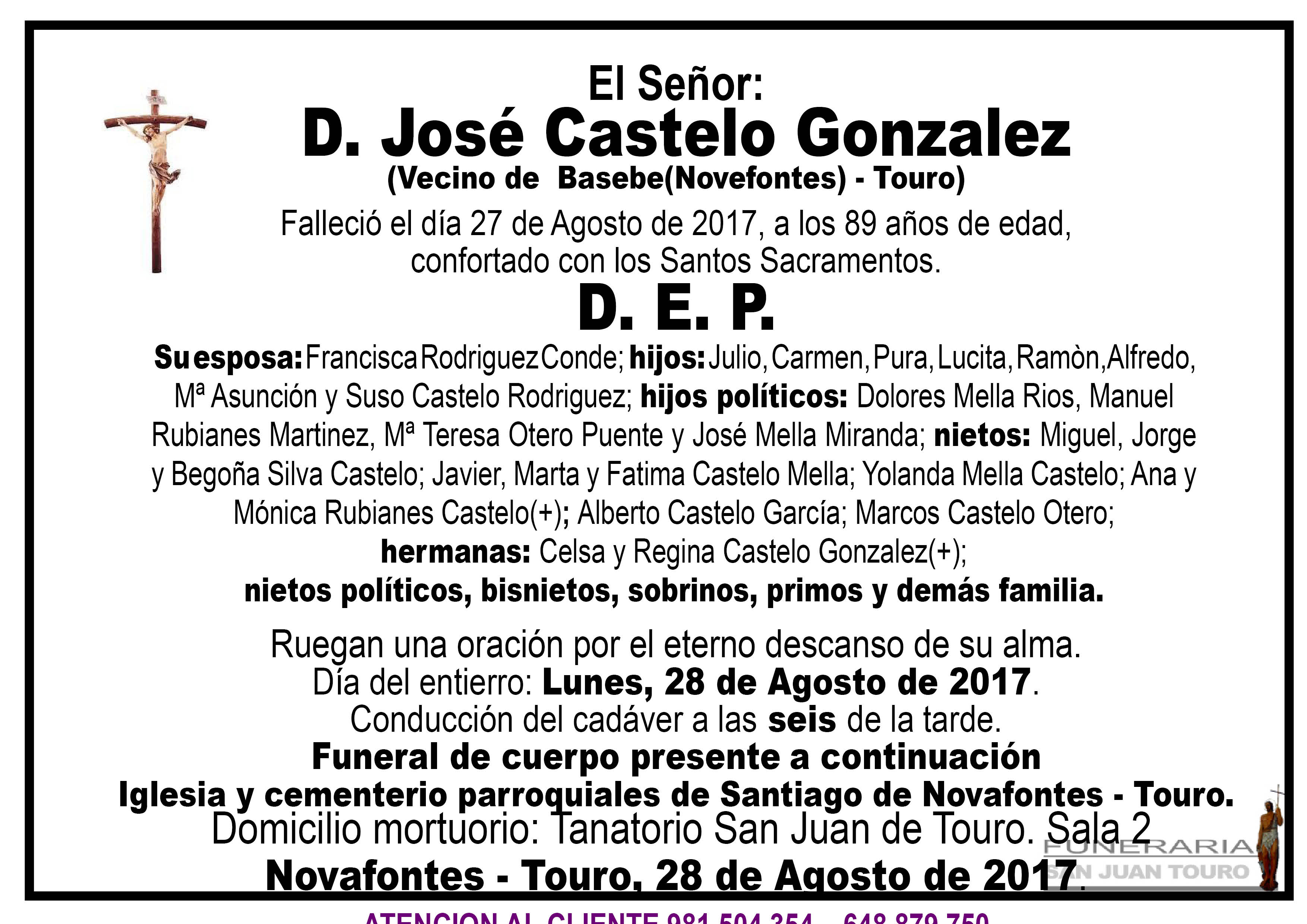 Esquela de SEPELIO DE D. JOSE CASTELO GONZALEZ