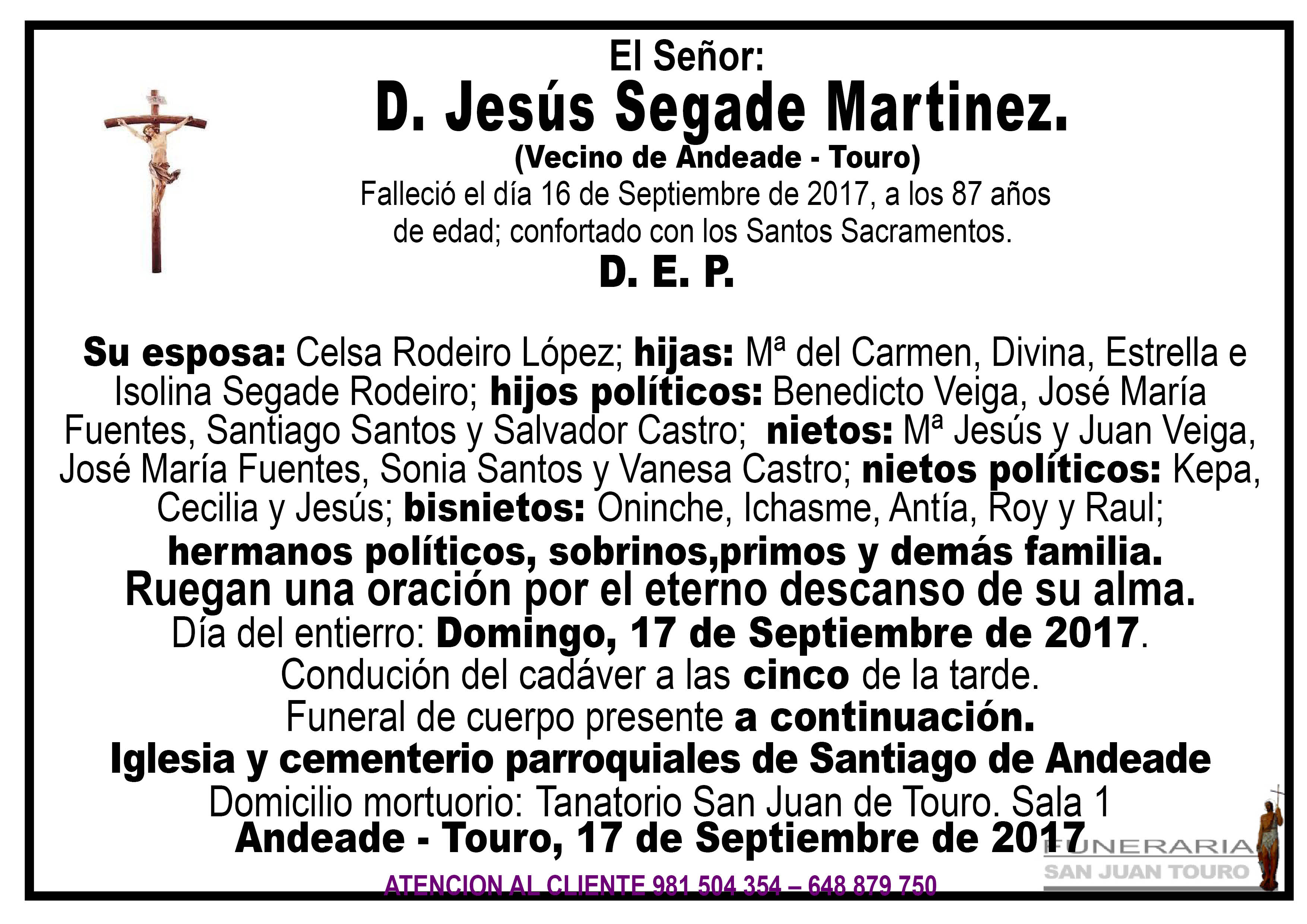 Esquela de SEPELIO DE JESUS SEGADE MARTINEZ