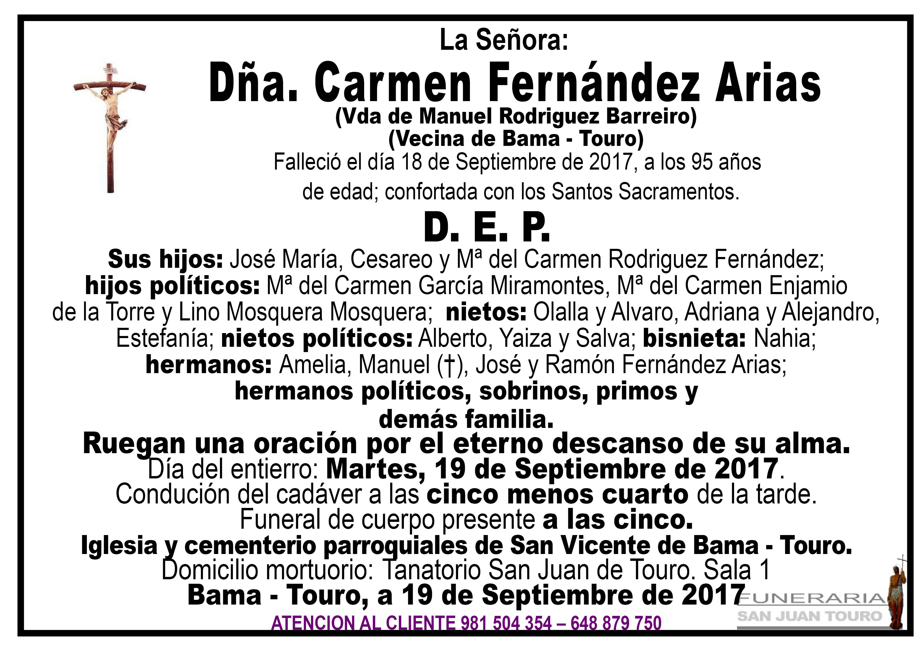 Esquela de SEPELIO DE DÑA CARMEN FERNANDEZ ARIAS Esquela de SEPELIO DE DÑA CARMEN FERNANDEZ ARIAS