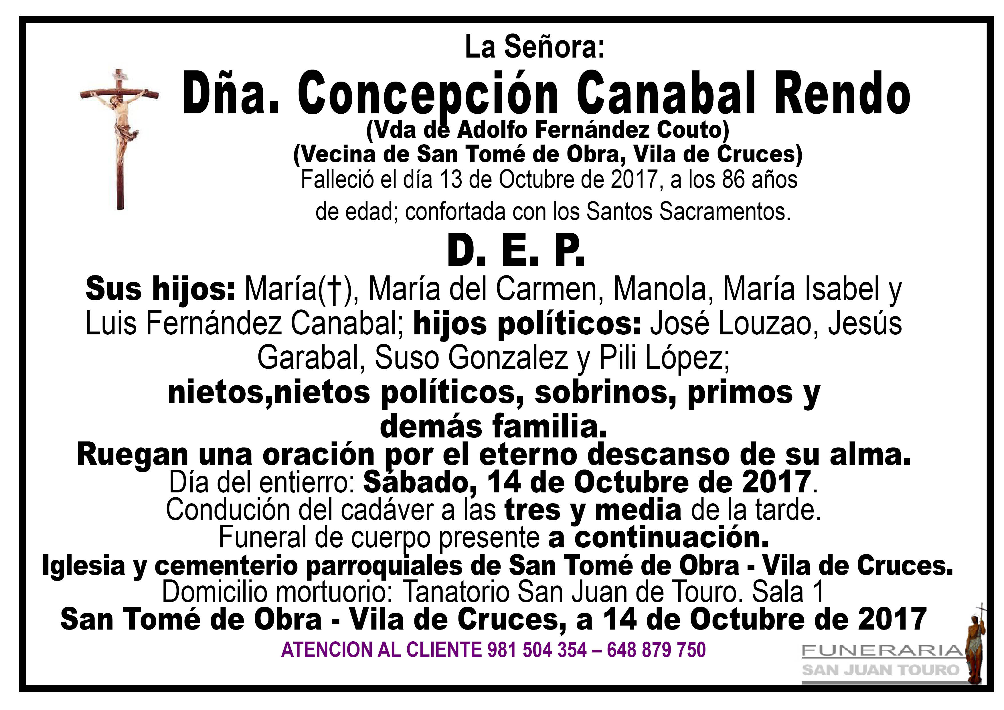 Esquela de SEPELIO DE DÑA CONCEPCION CANABAL RENDO Esquela de SEPELIO DE DÑA CONCEPCION CANABAL RENDO