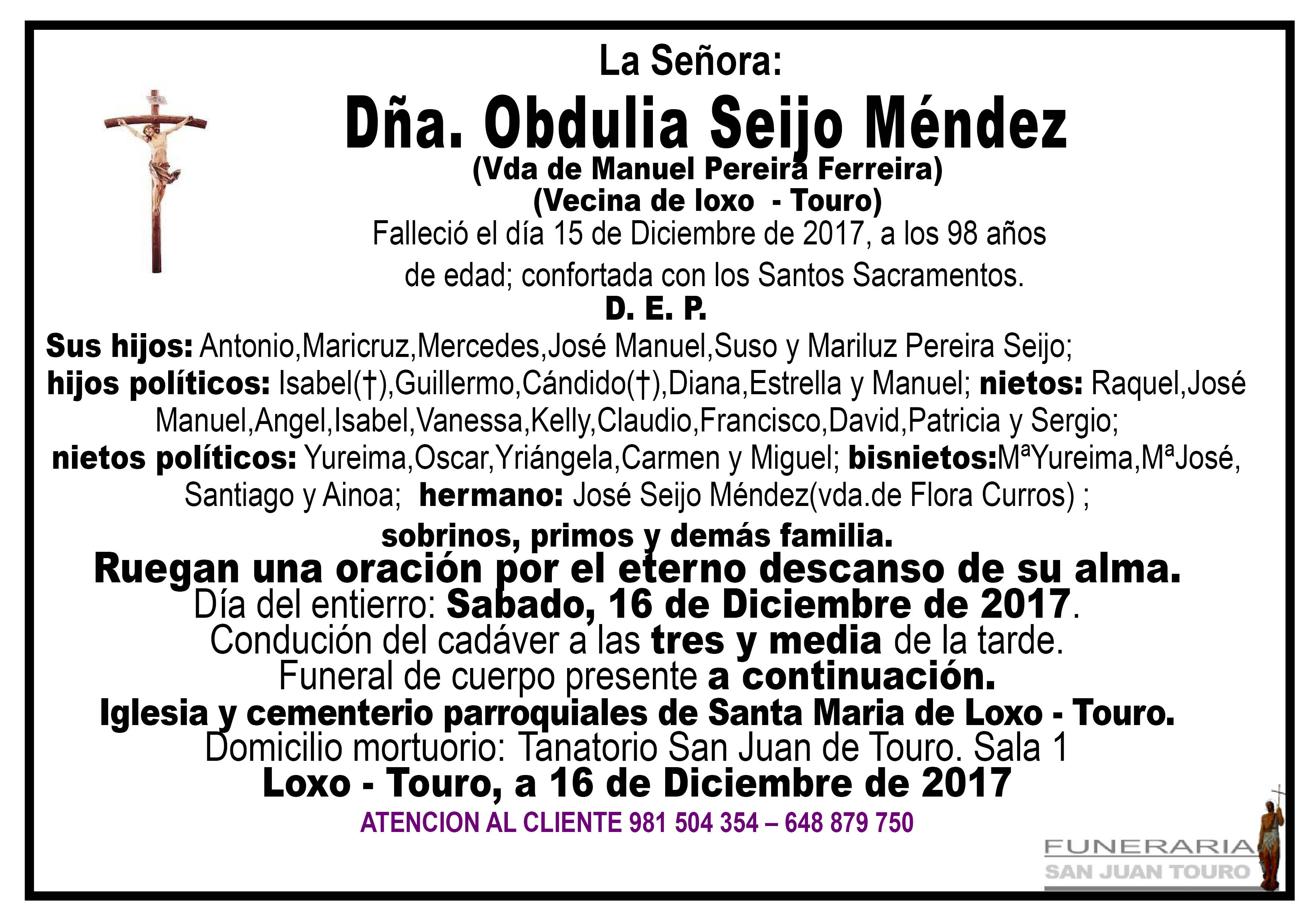 Esquela de SEPELIO DE DÑA. OBDULIA SEIJO MENDEZ