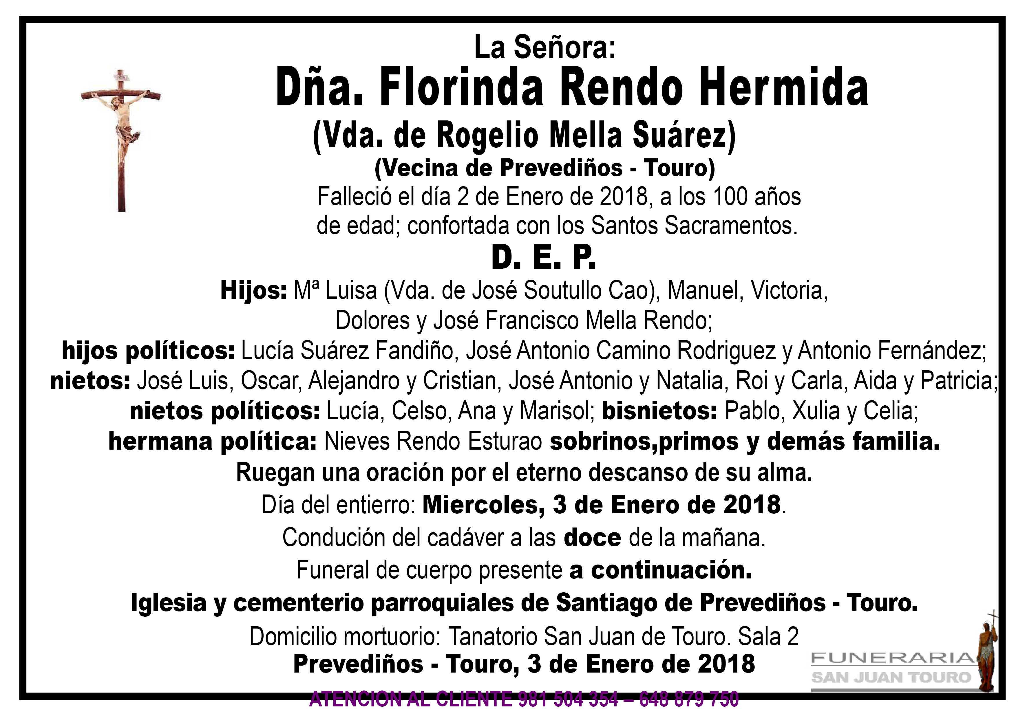 Esquela de Sepelio de Doña. Florinda Rendo Hermida