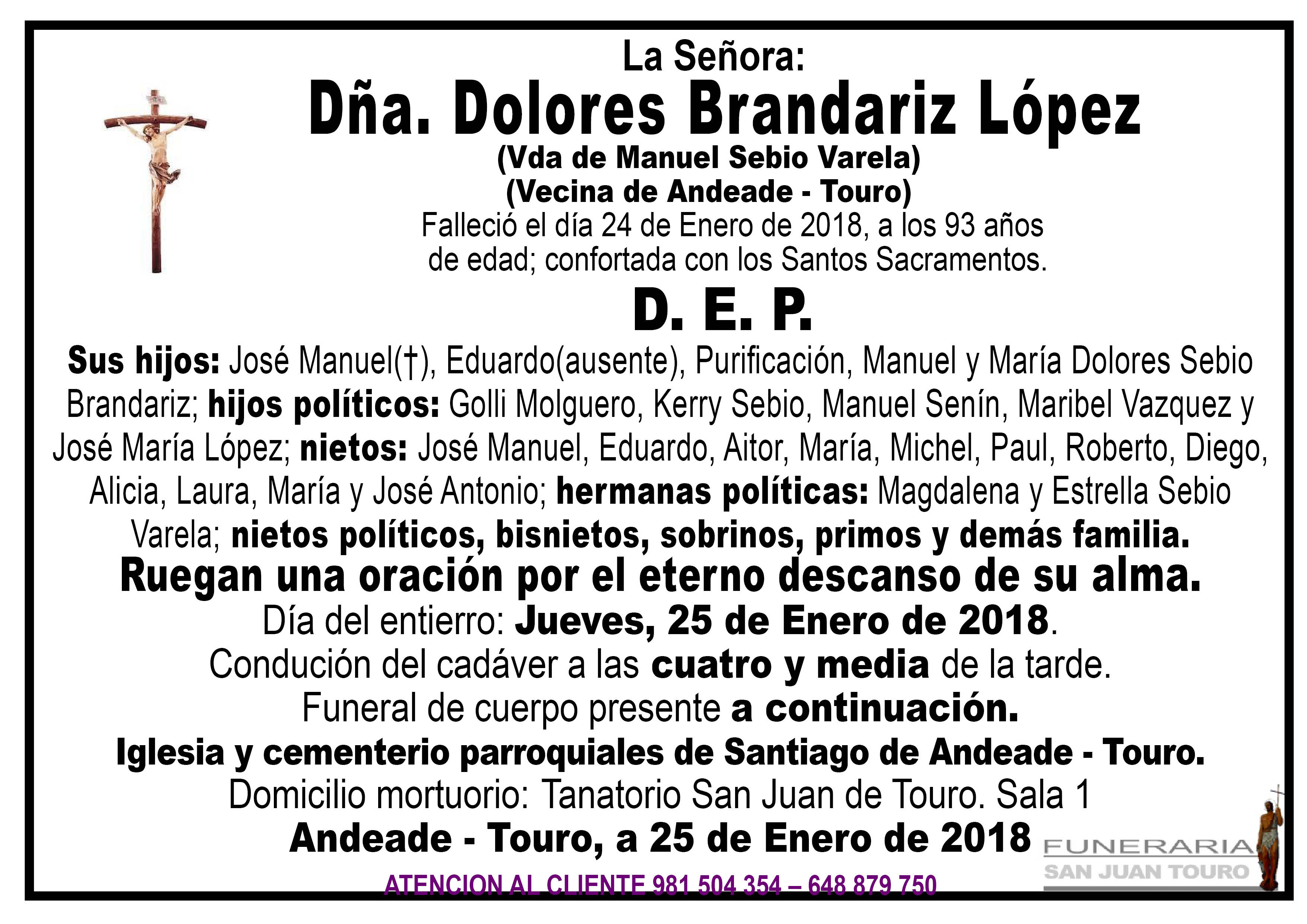 Esquela de SEPELIO DE DÑA. DOLORES BRANDARIZ LOPEZ