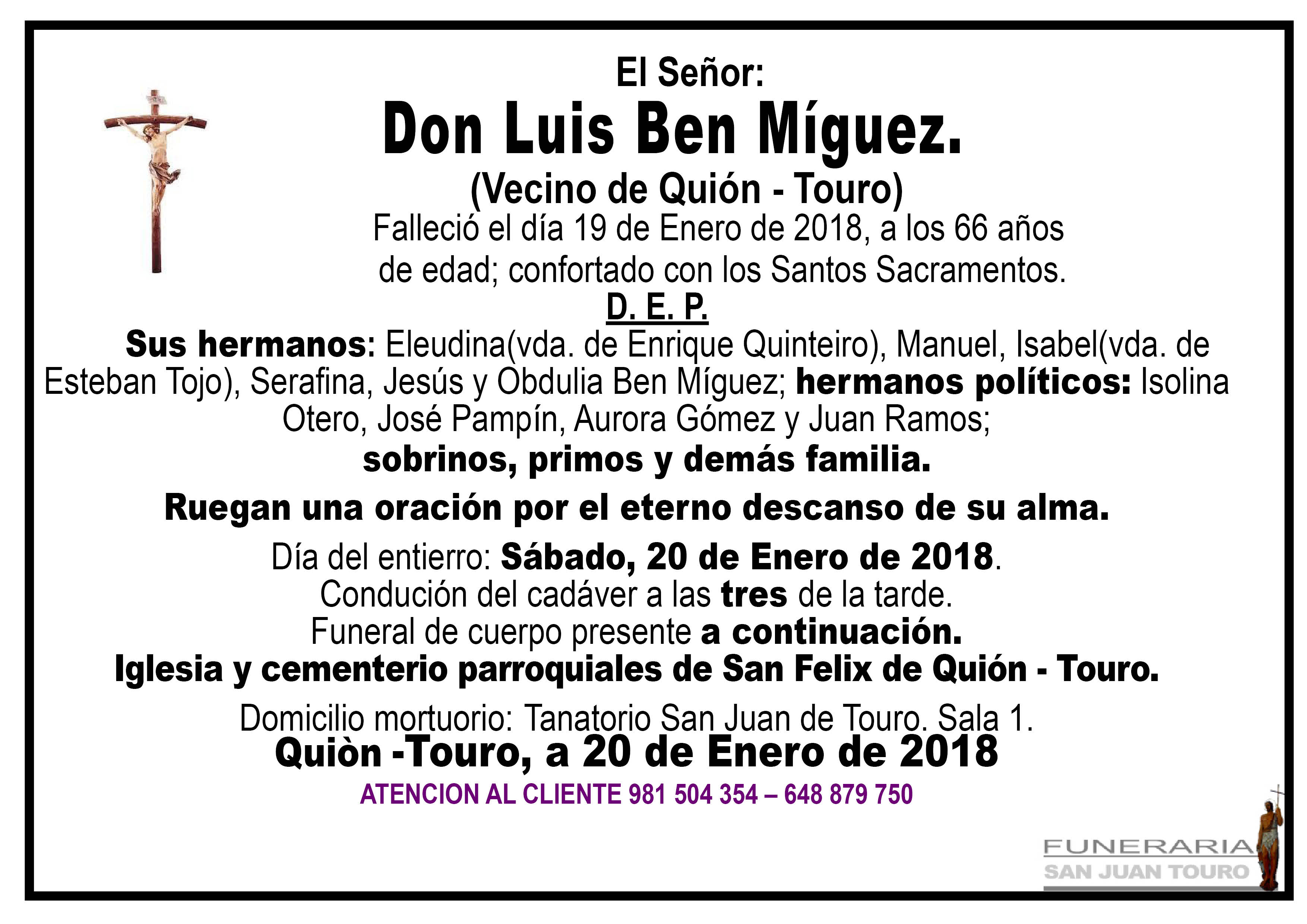 Esquela de SEPELIO DE LUIS BEN MIGUEZ