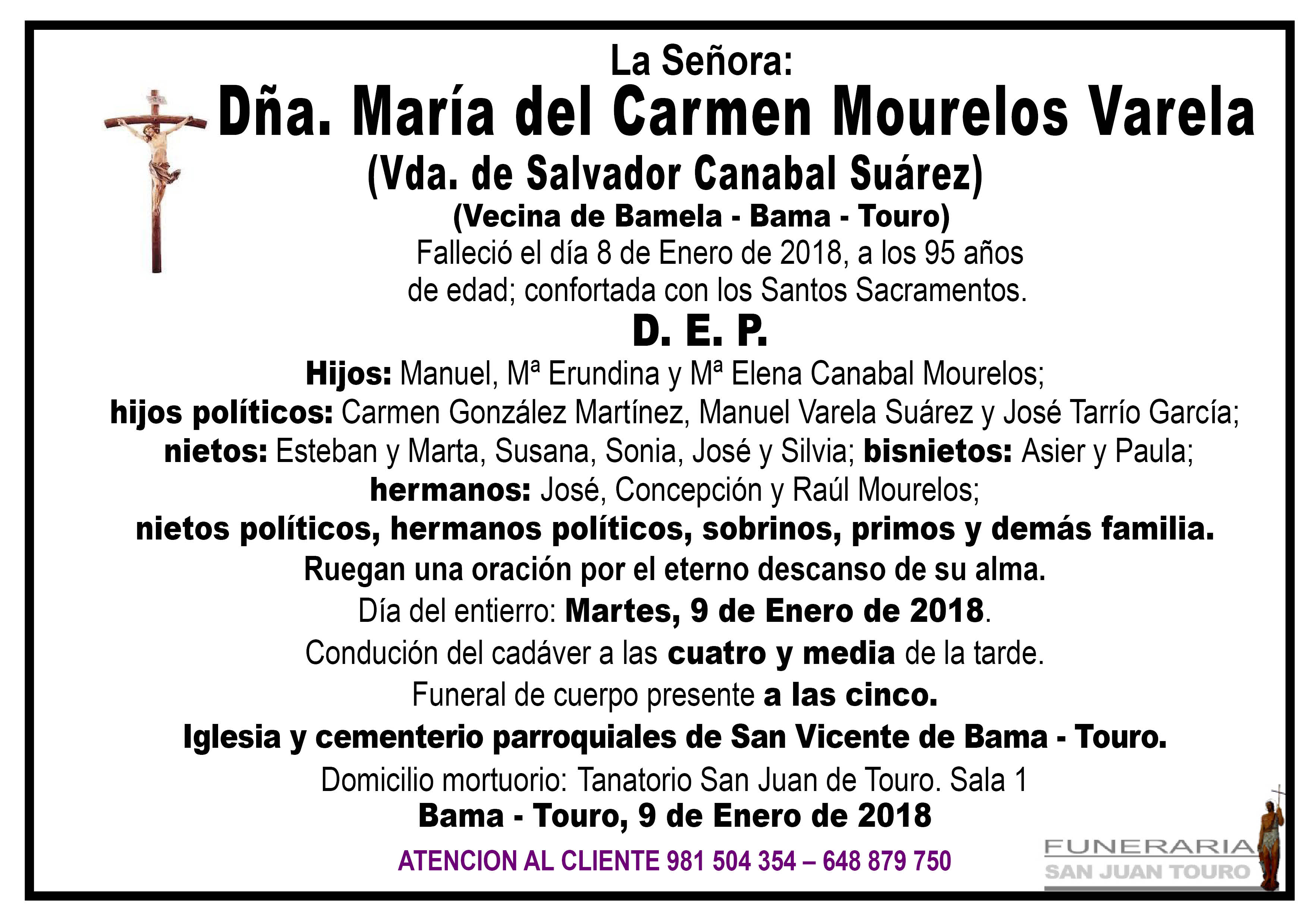 Esquela de SEPELIO DE DÑA. Mª DEL CARMEN MOURELOS VARELA