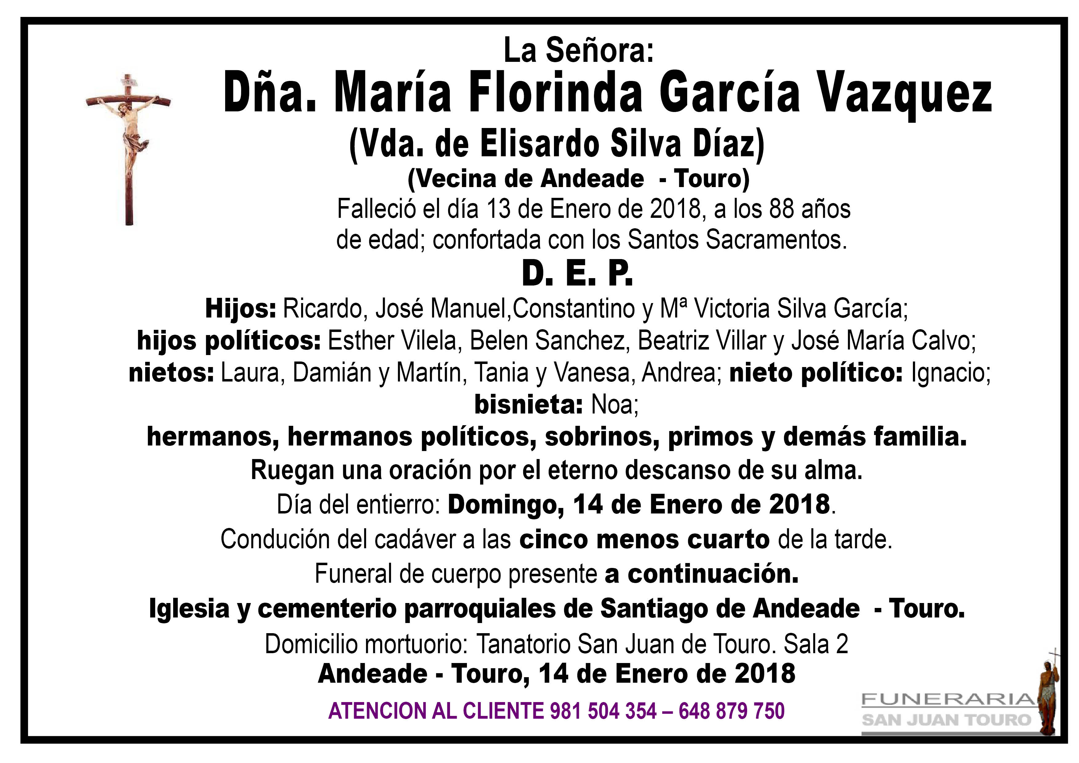 Esquela de SEPELIO DE DÑA. MARIA FLORINDA GARCIA VAZQUEZ