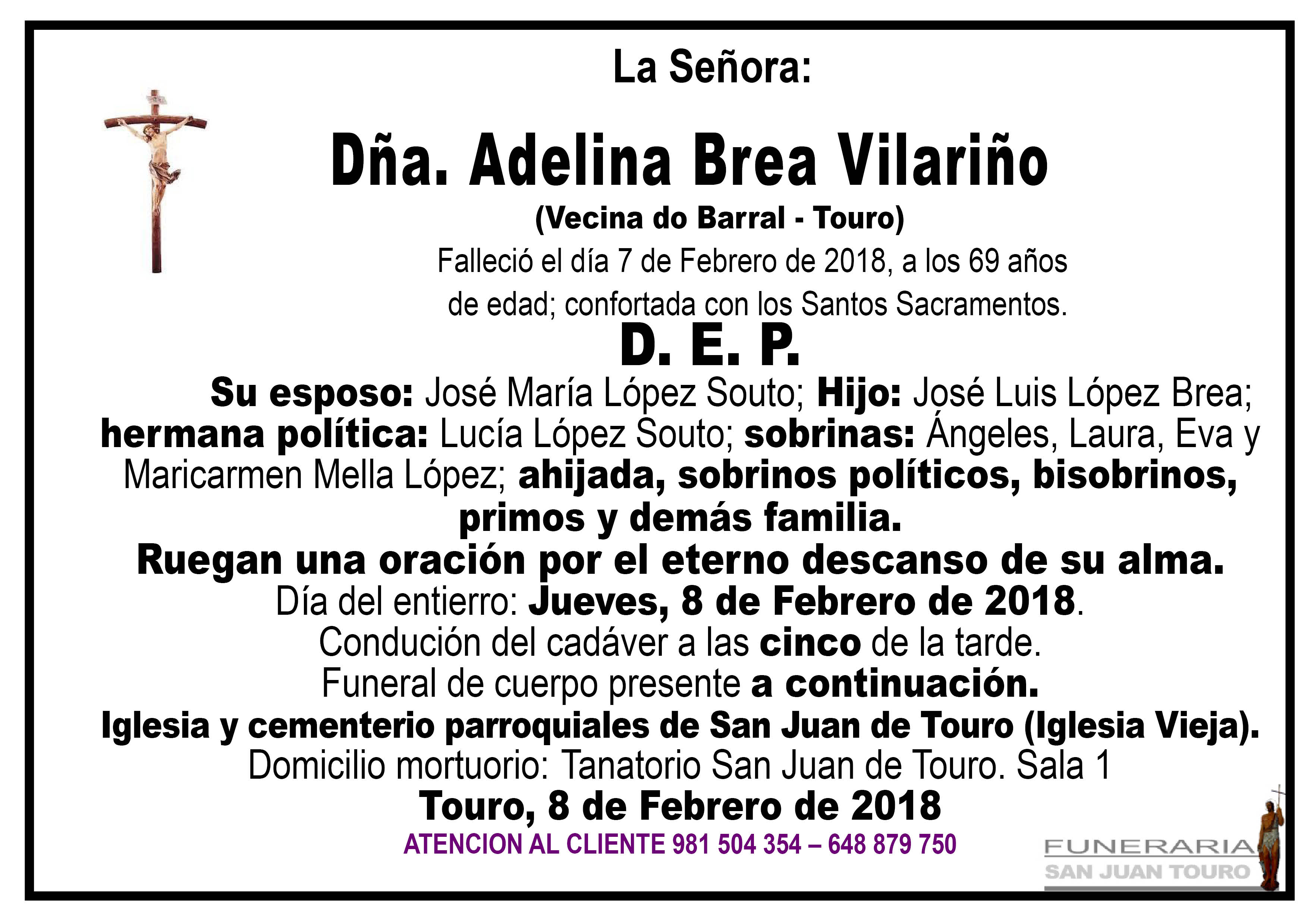 Esquela de SEPELIO DE DOÑA ADELINA BREA VILARIÑO