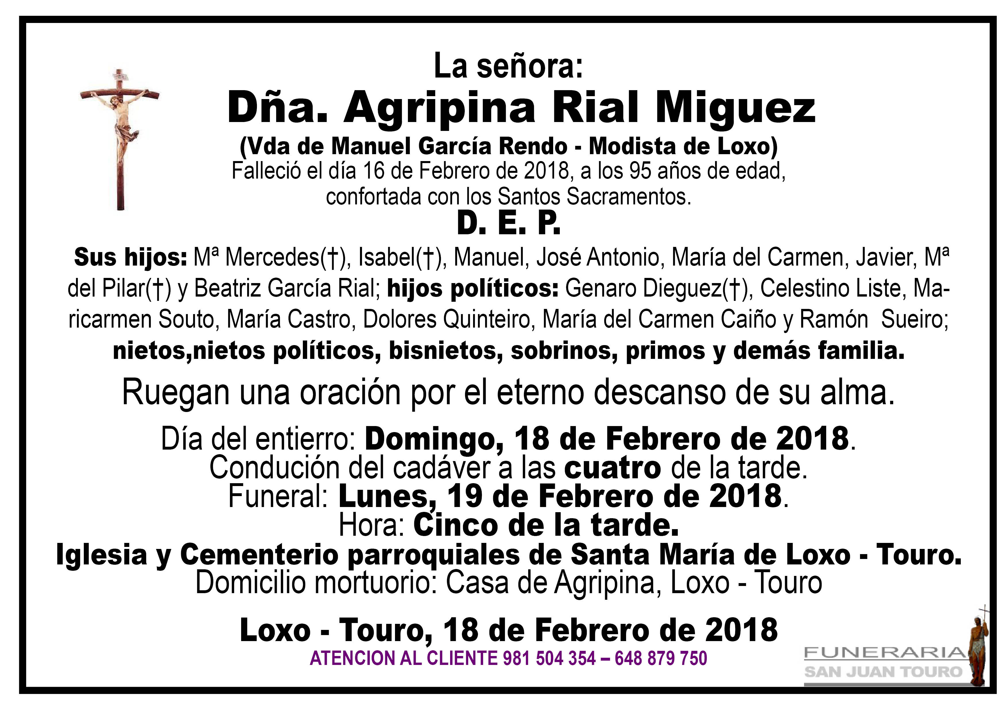 Esquela de SEPELIO DE DOÑA AGRIPINA RIAL MIGUEZ