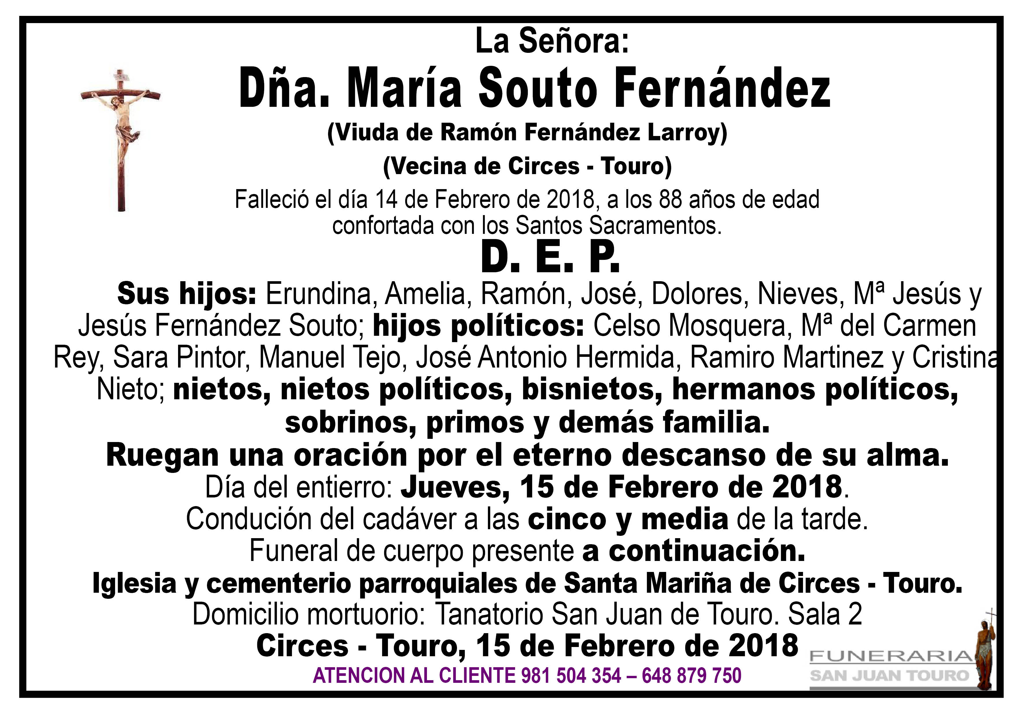 Esquela de SEPELIO DE DOÑA MARÍA SOUTO FERNÁNDEZ