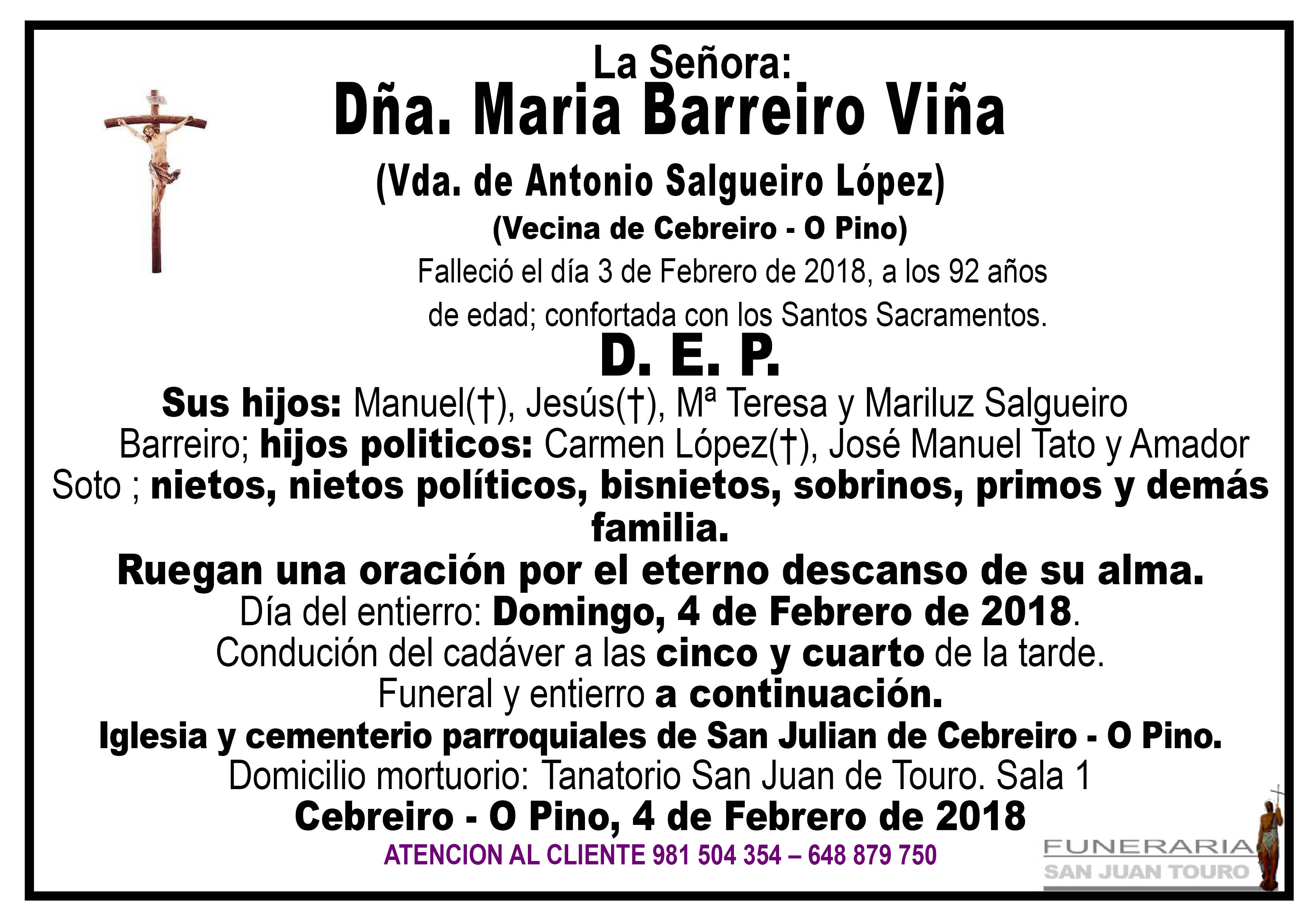 Esquela de SEPELIO DE DÑA. MARÍA BARREIRO VIÑA