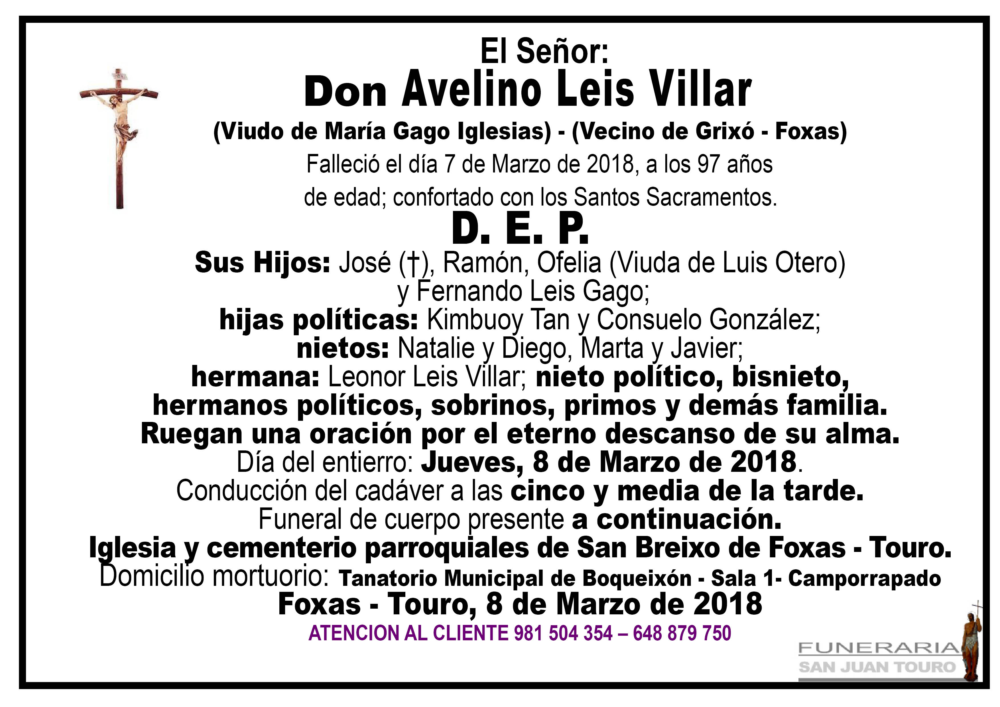 Esquela de SEPELIO DE DON AVELINO LEIS VILLAR