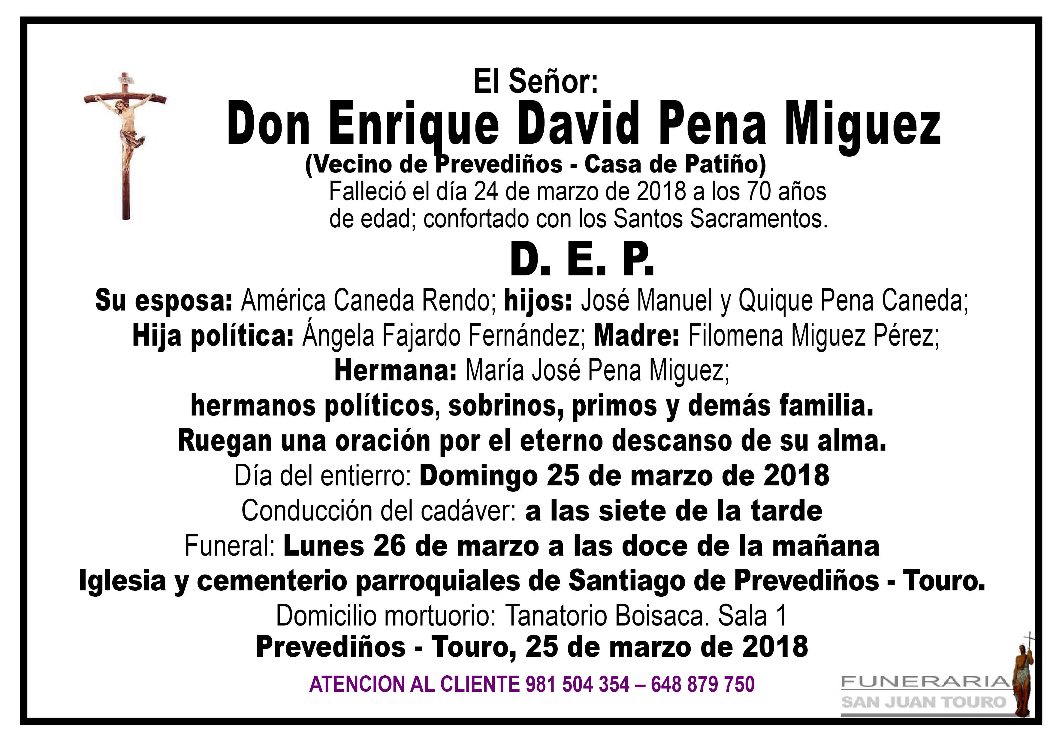 Esquela de SEPELIO DE DON ENRIQUE DAVID PENA MIGUEZ