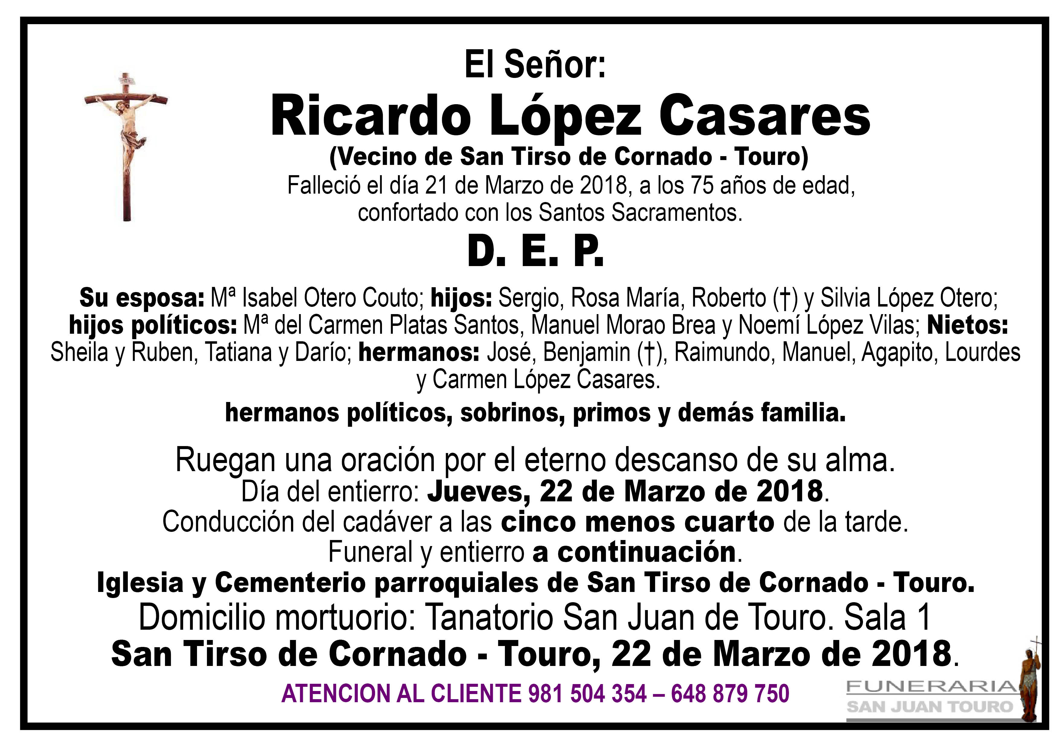 Esquela de SEPELIO DE DON RICARDO LÓPEZ CASARES