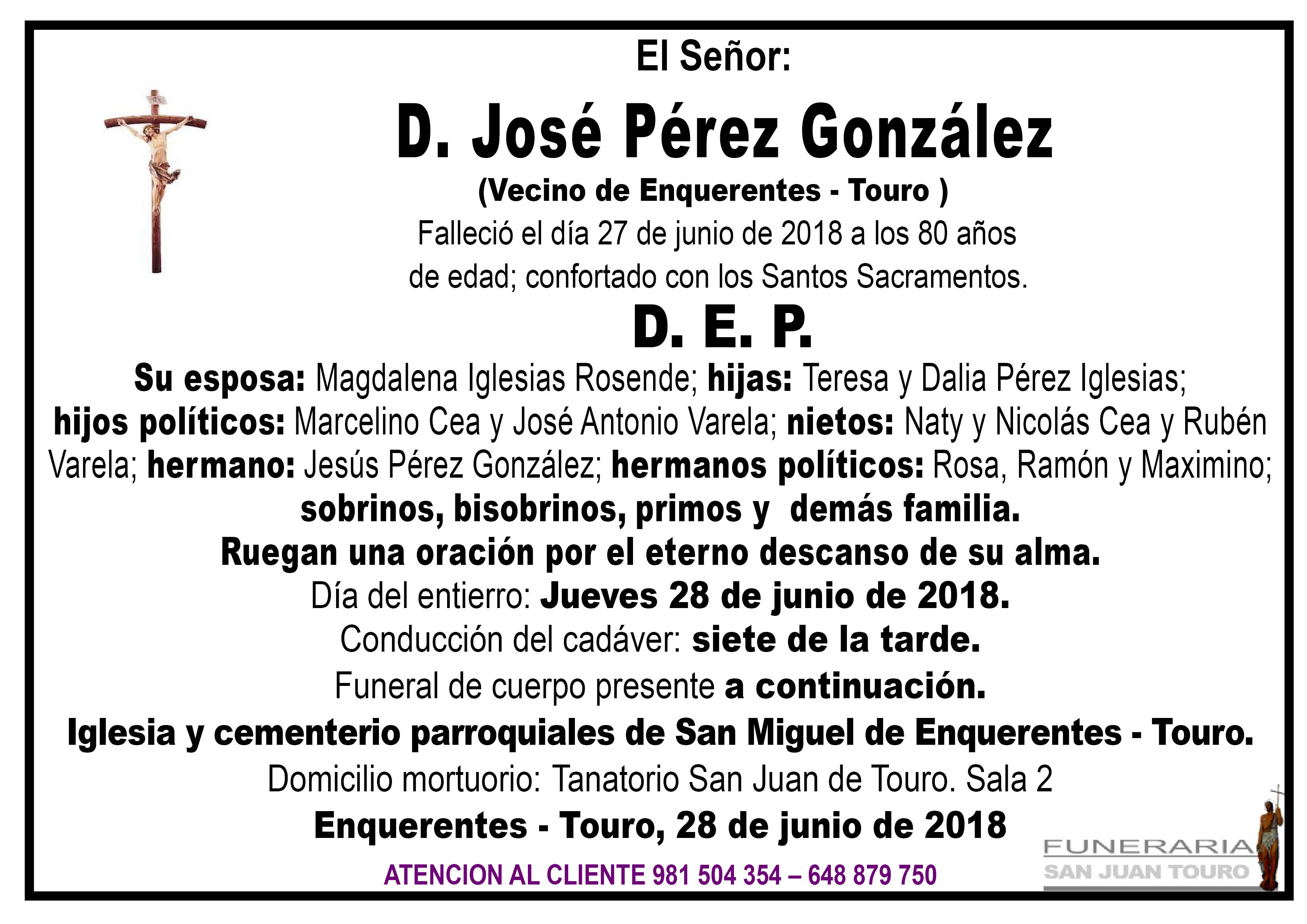 Esquela de SEPELIO DE DON JOSE PEREZ GONZALEZ