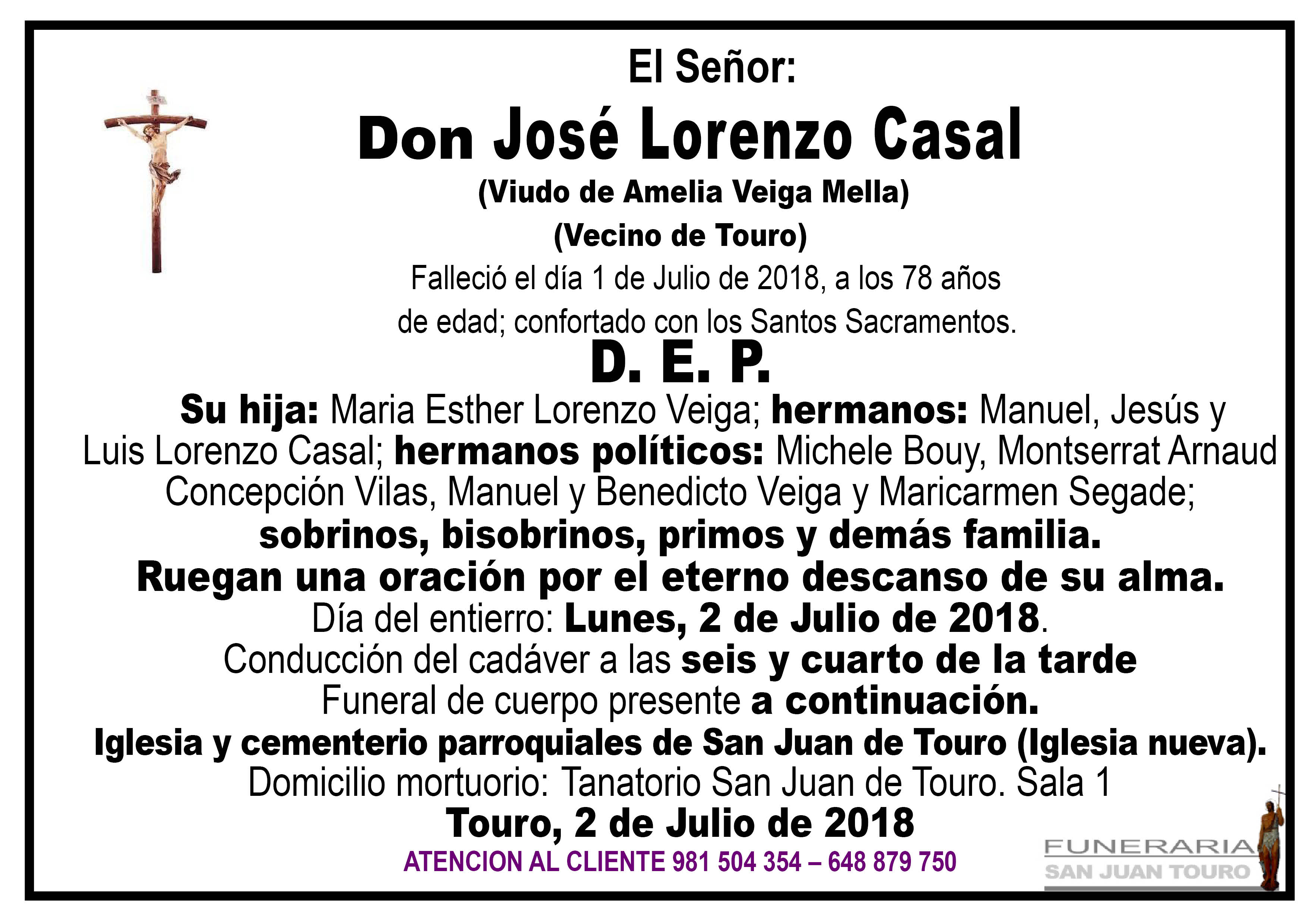 Esquela de Sepelio de Don José Lorenzo Casal