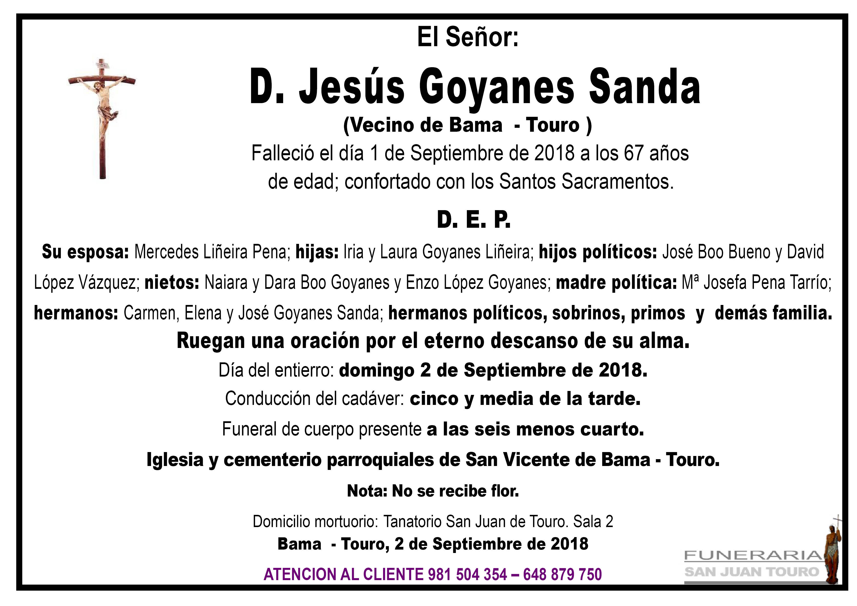 Esquela de SEPELIO DE DON JESÚS GOYANES SANDÁ