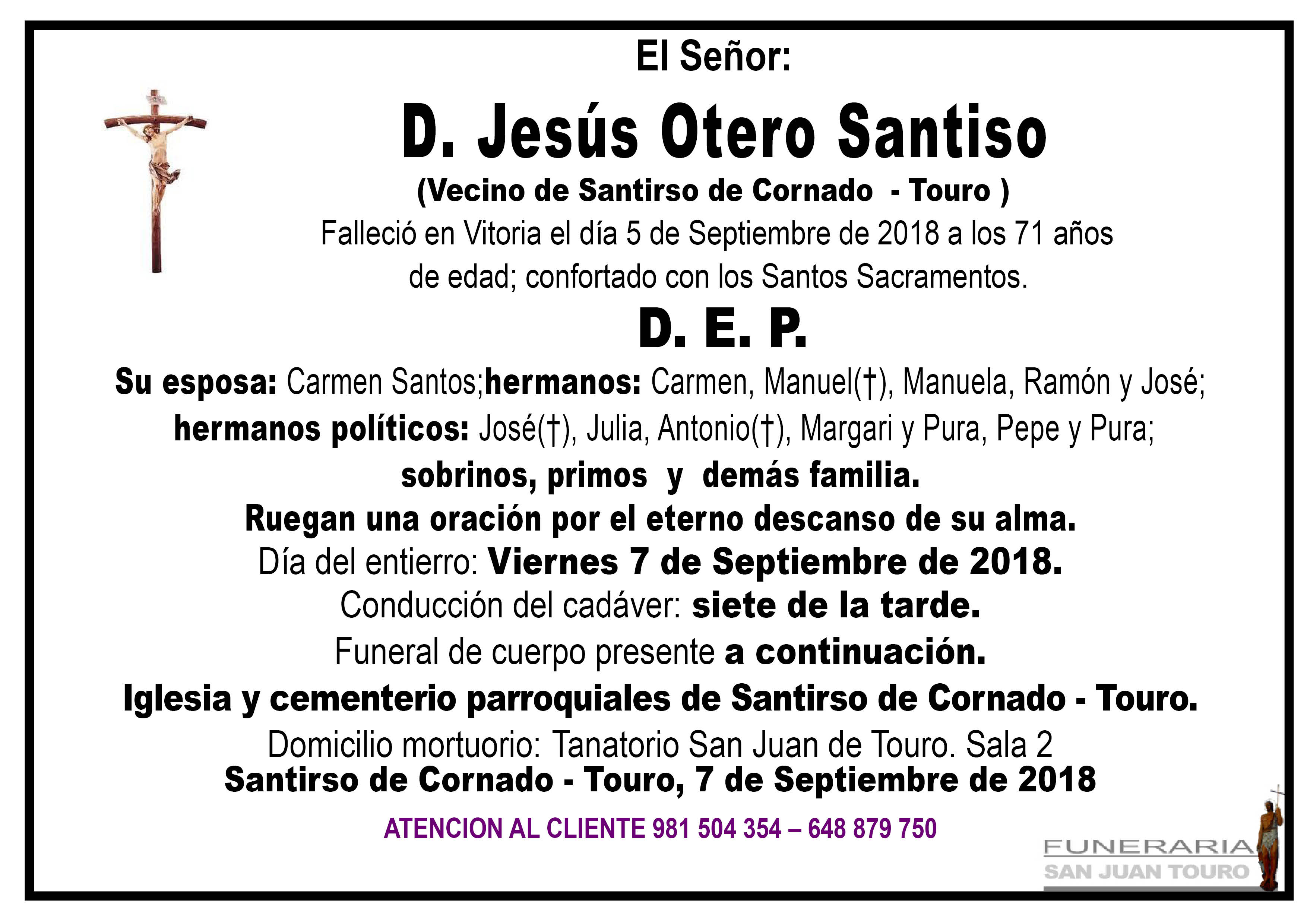 Esquela de SEPELIO DE DON JESÚS OTERO SANTISO