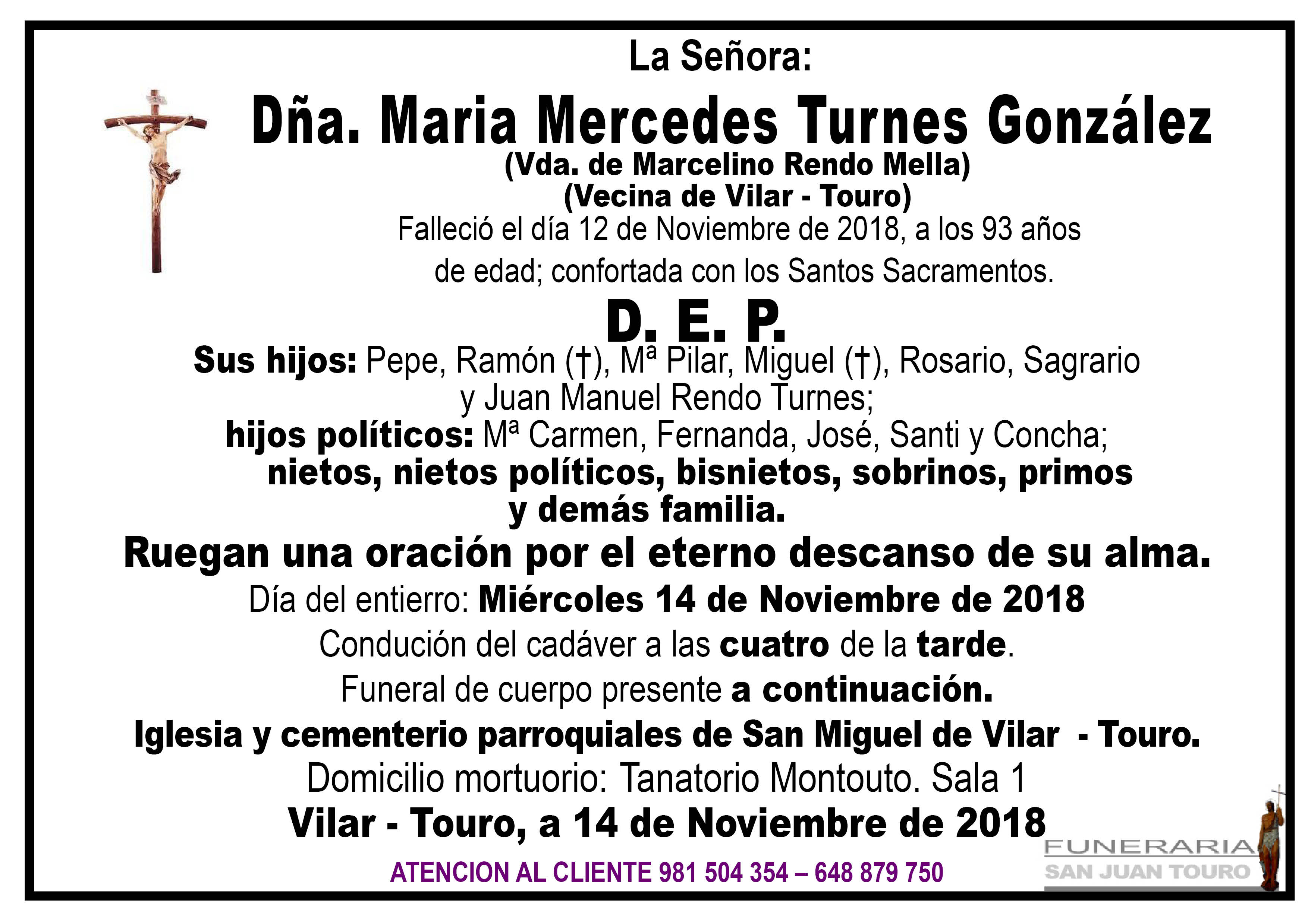 Esquela de SEPELIO DE DÑA. Mª MERCEDES TURNES GONZÁLEZ