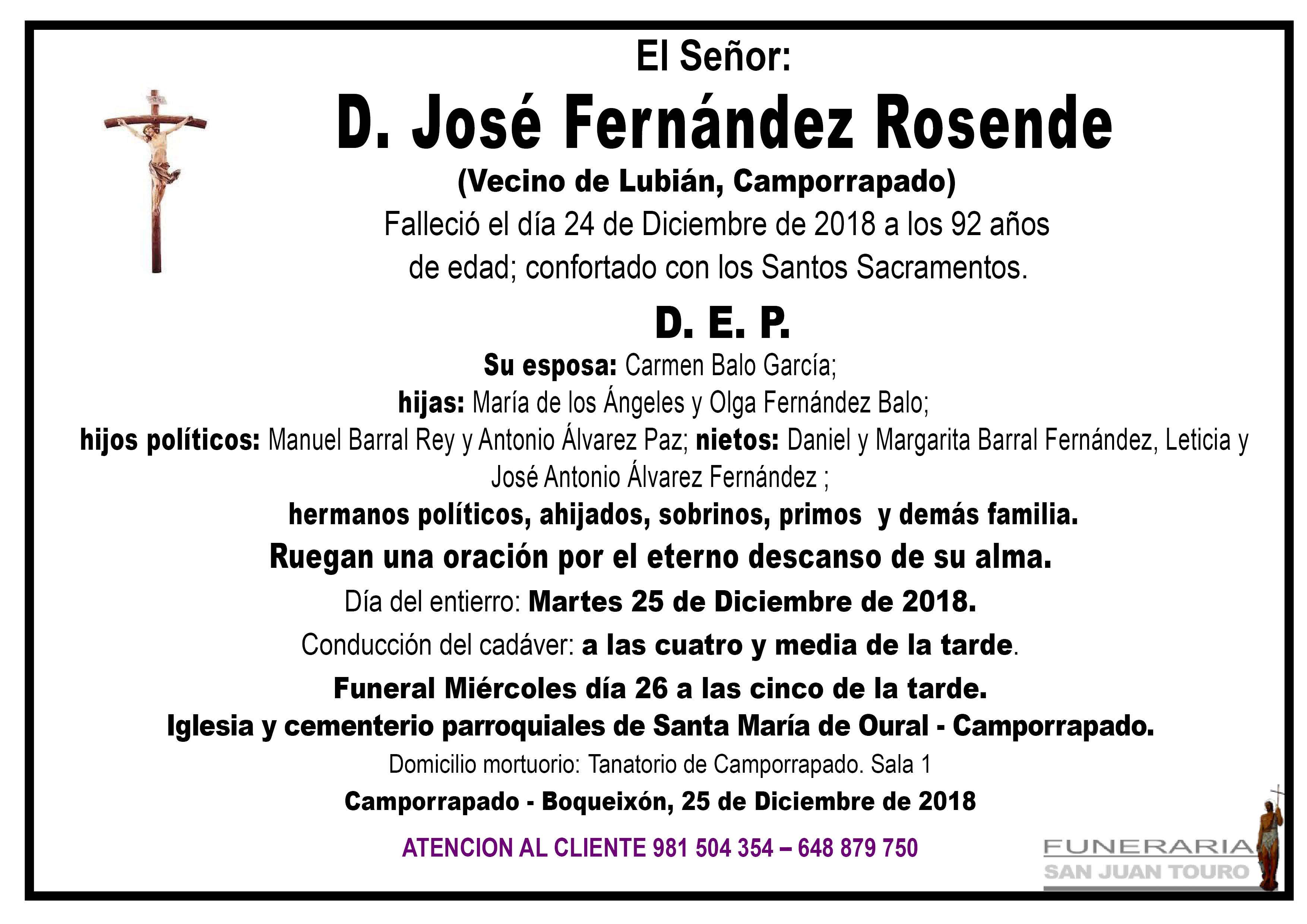 Esquela de SEPELIO DE DON JOSÉ FERNÁNDEZ ROSENDE