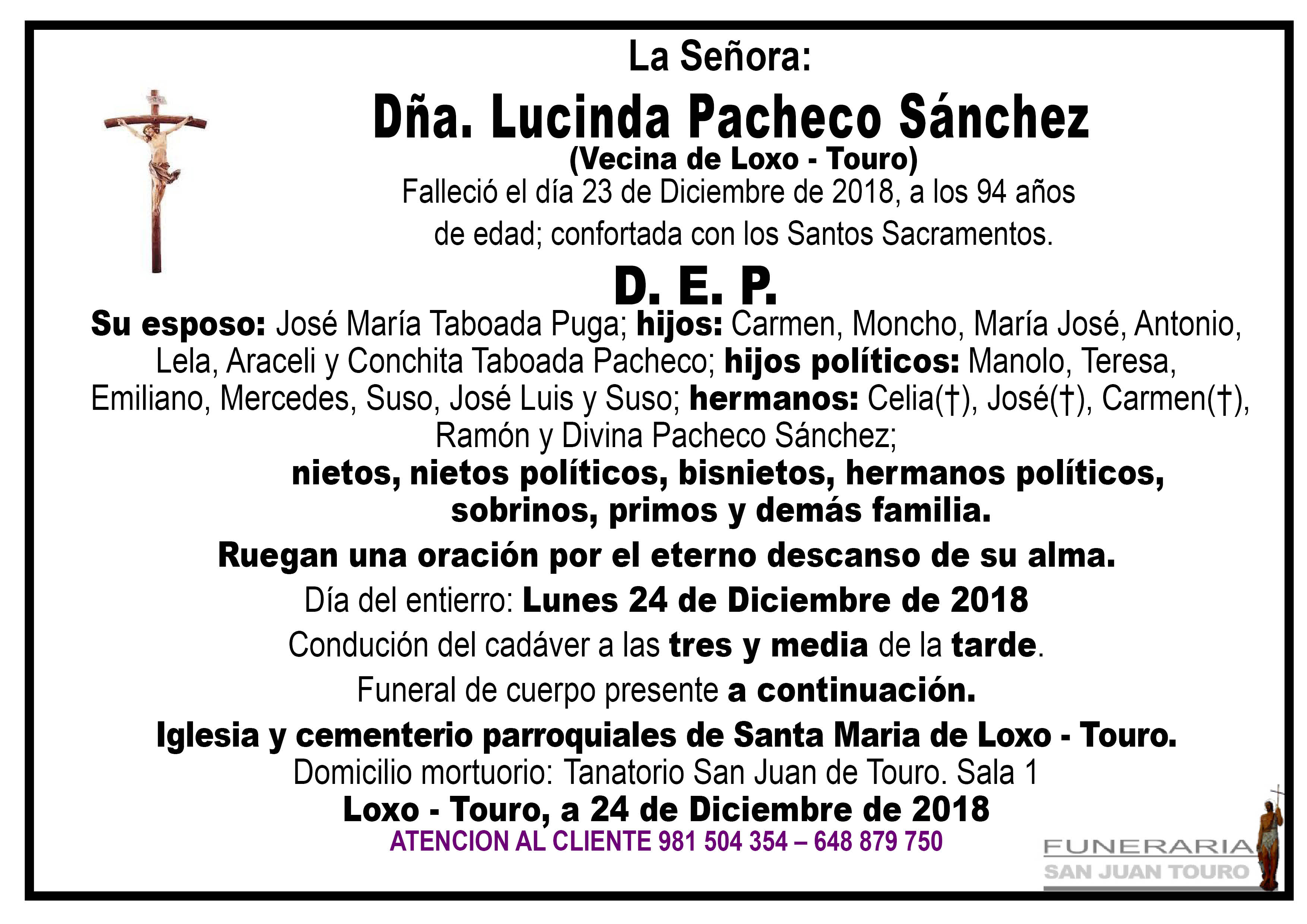 Esquela de SEPELIO DE DOÑA LUCINDA PACHECO SÁNCHEZ