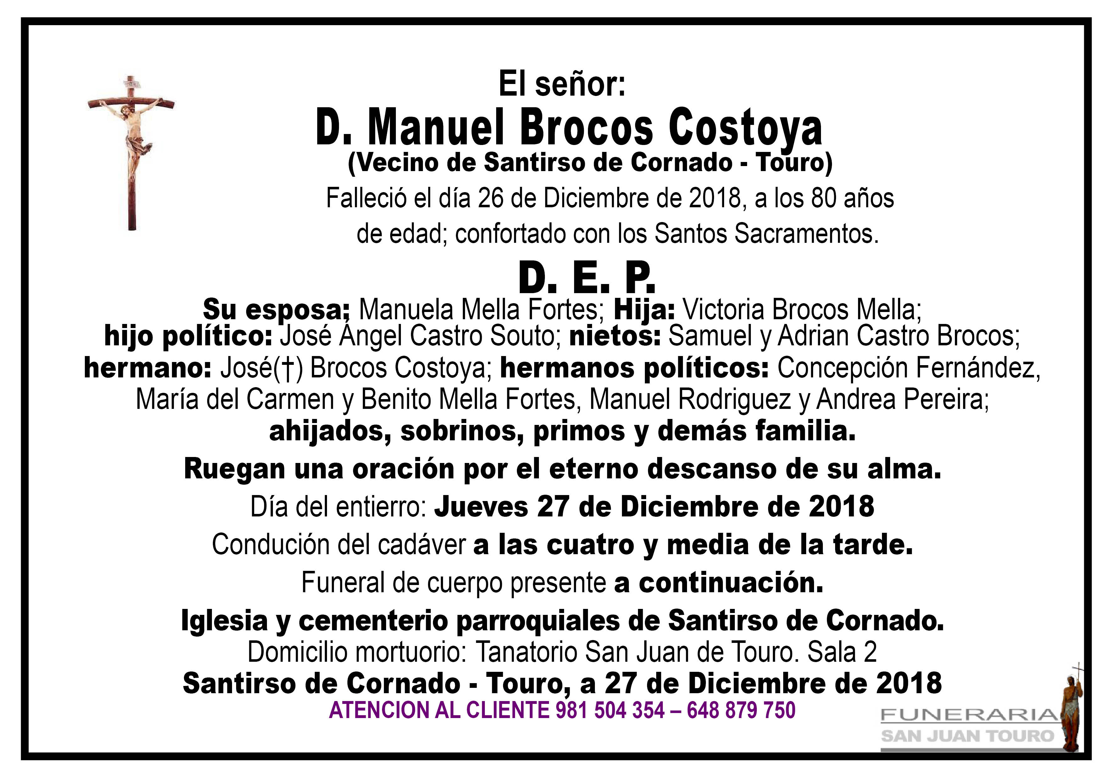 Esquela de SEPELIO DE DON MANUEL BROCOS COSTOYA