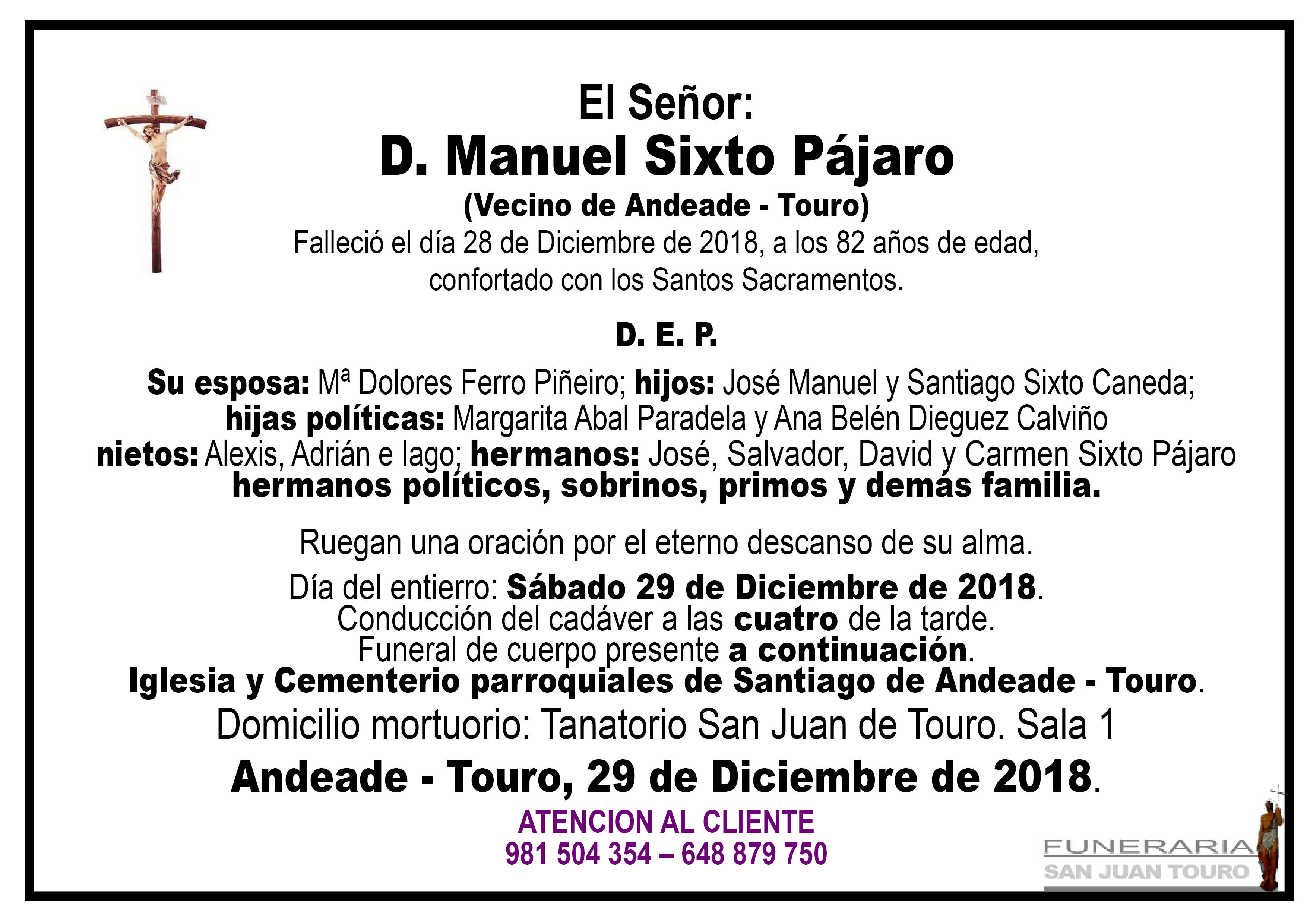 Esquela de SEPELIO DE DON MANUEL SIXTO PÁJARO