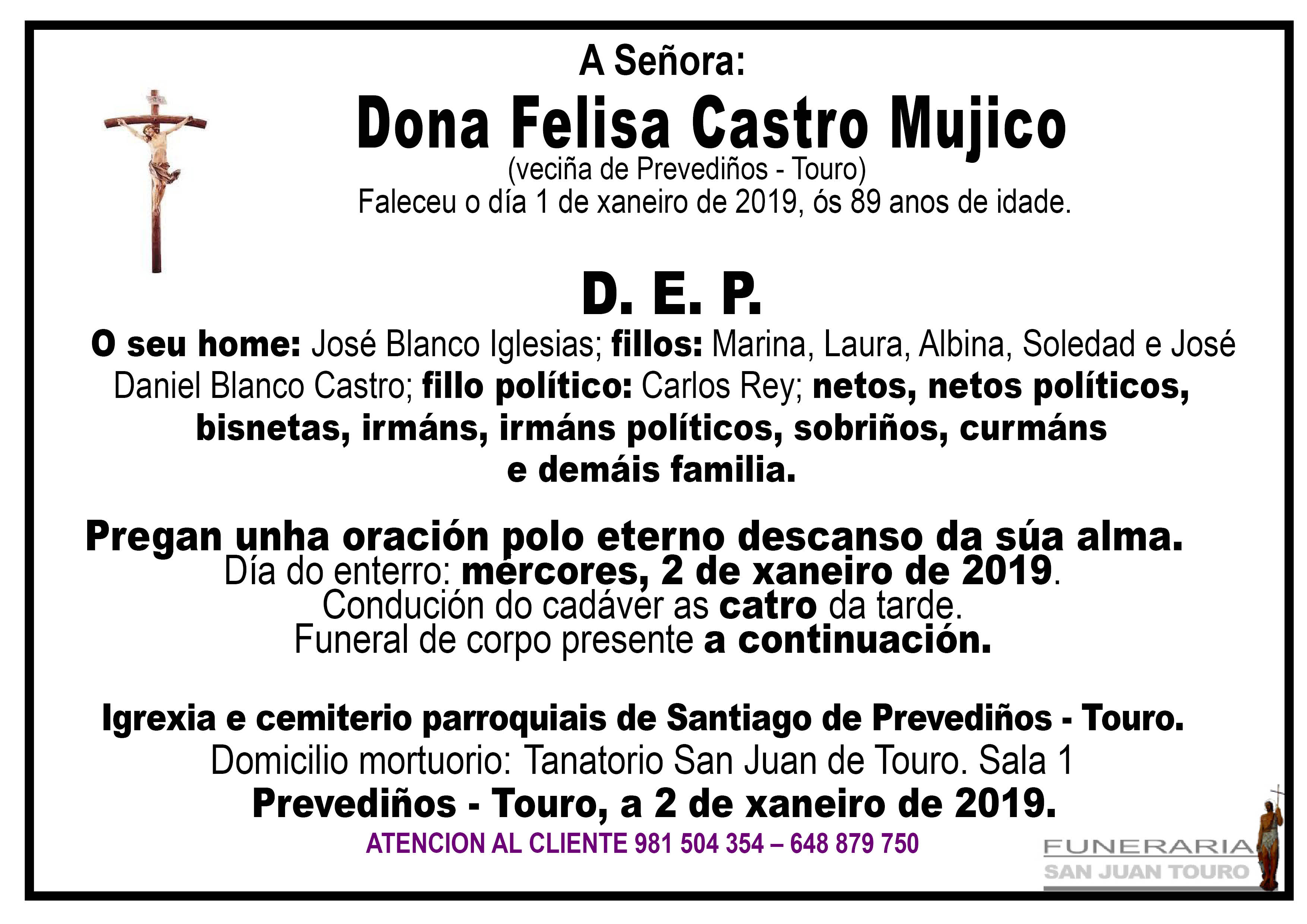 Esquela de SEPELIO DE DONA FELISA CASTRO MUJICO