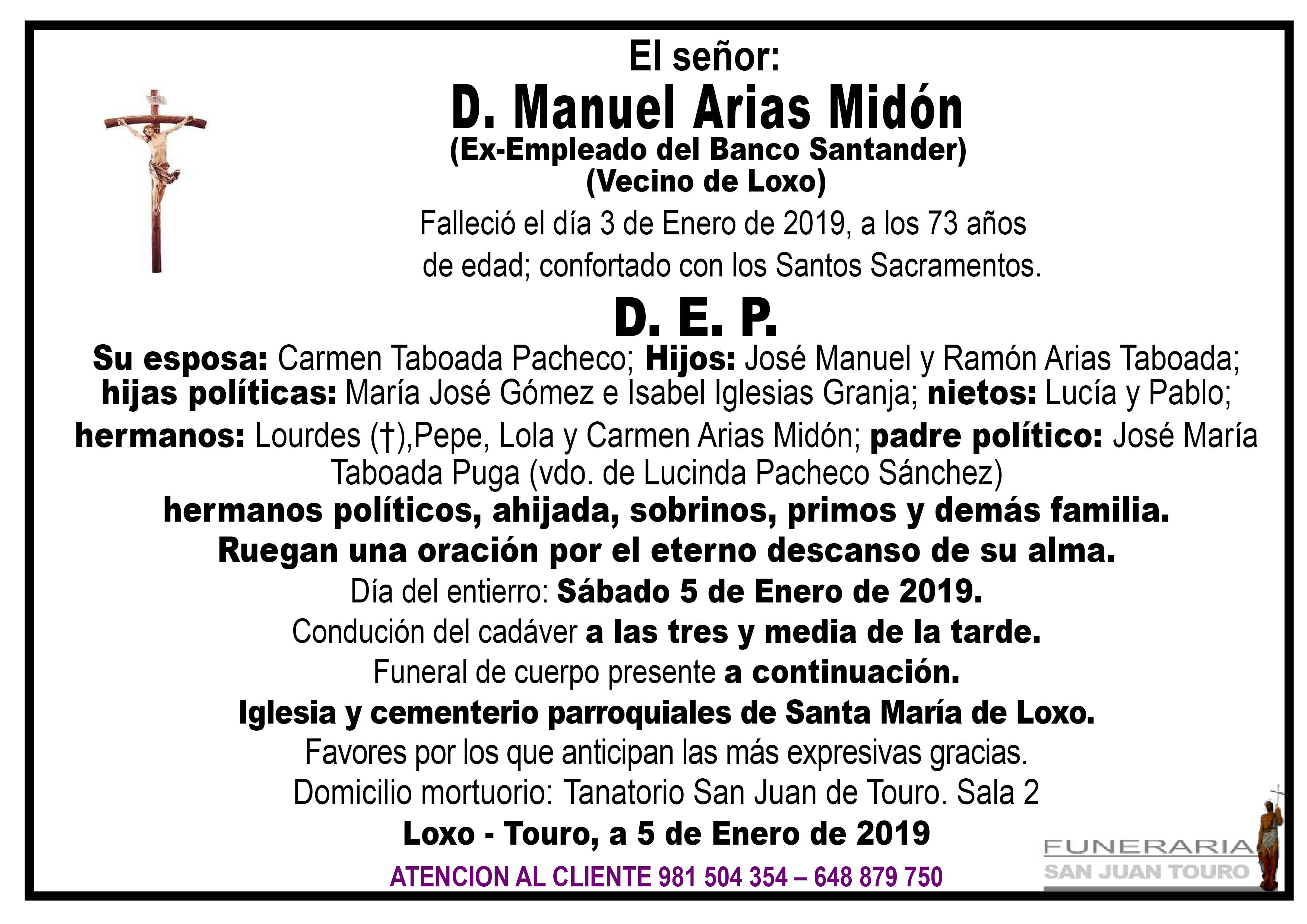 Esquela de SEPELIO DE DON MANUEL ARIAS MIDÓN