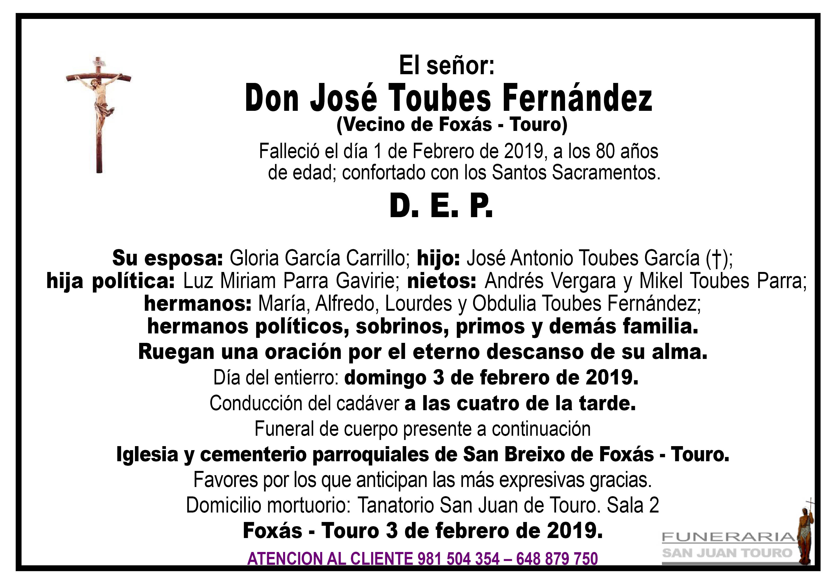 Esquela de SEPELIO DE DON JOSÉ TOUBES FERNÁNDEZ