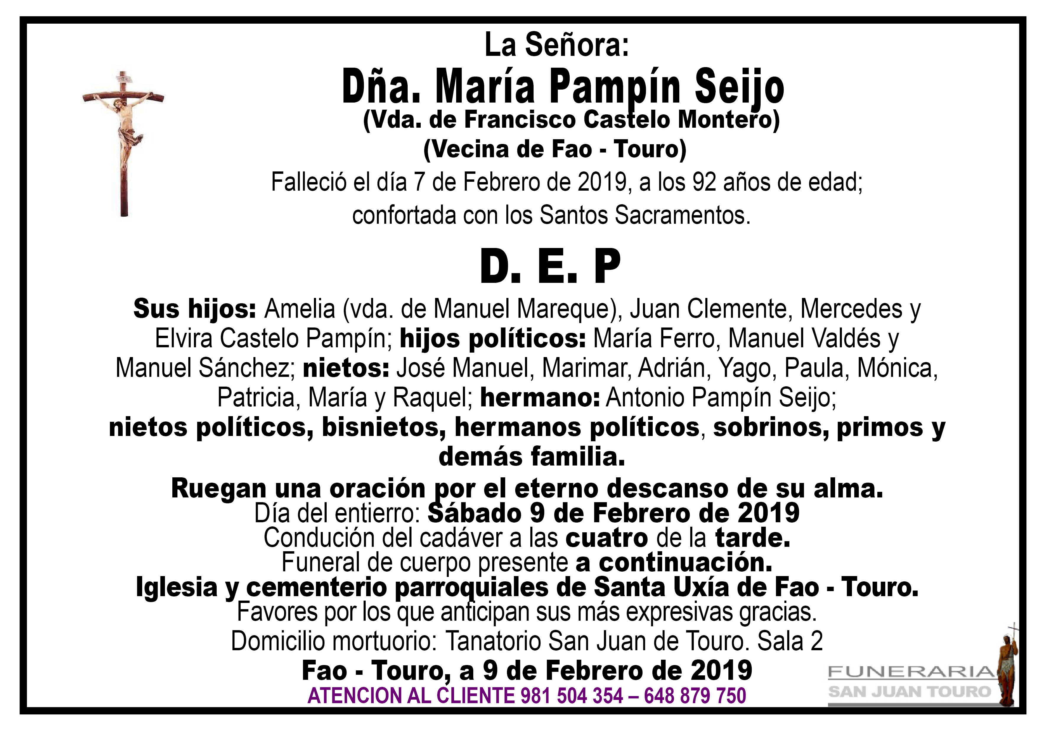 Esquela de SEPELIO DE DOÑA MARÍA PAMPÍN SEIJO