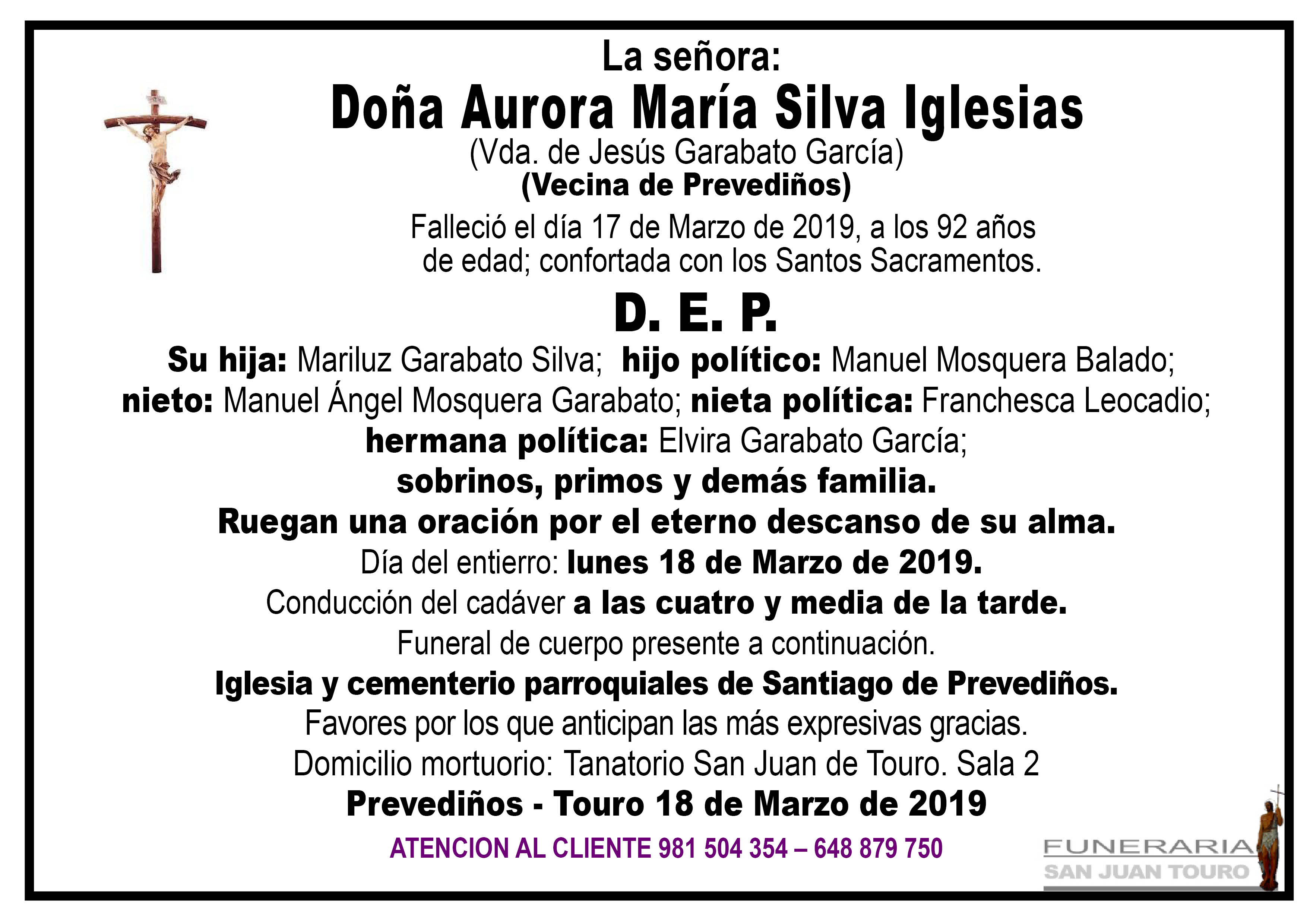 Esquela de SEPELIO DE DOÑA AURORA MARÍA SILVA IGLESIAS