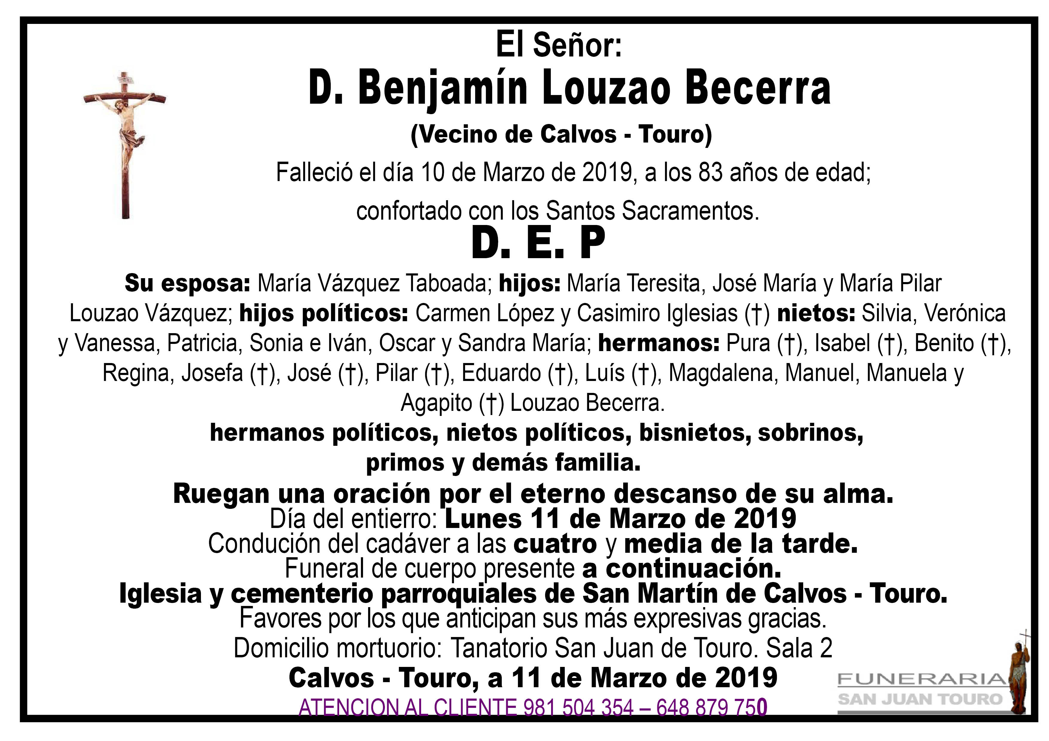 Esquela de SEPELIO DE DON BENJAMÍN LOUZAO BECERRA