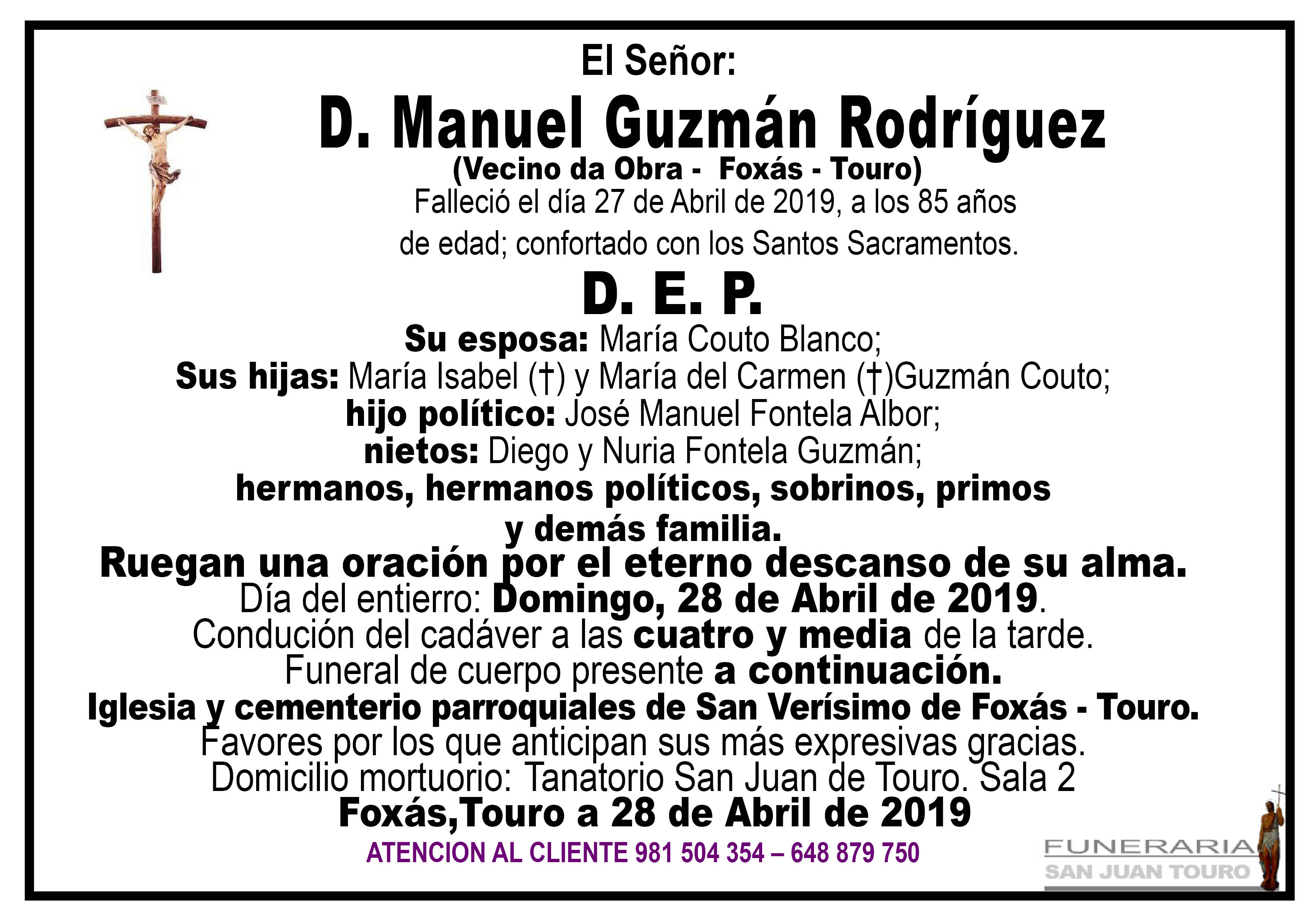 Esquela de SEPELIO DE DON MANUEL GUZMÁN RODRÍGUEZ