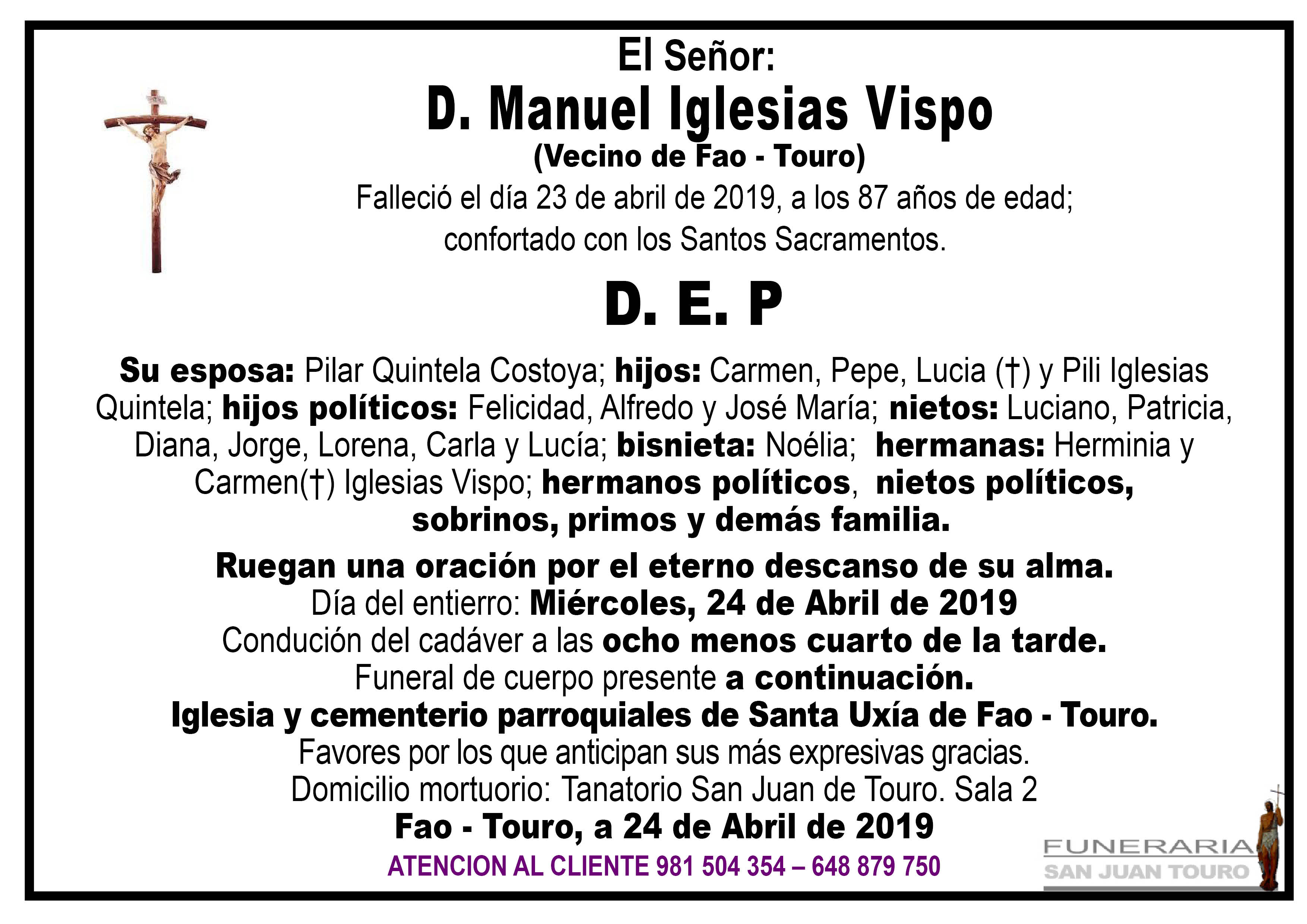 Esquela de SEPELIO DE DON MANUEL IGLESIAS VISPO