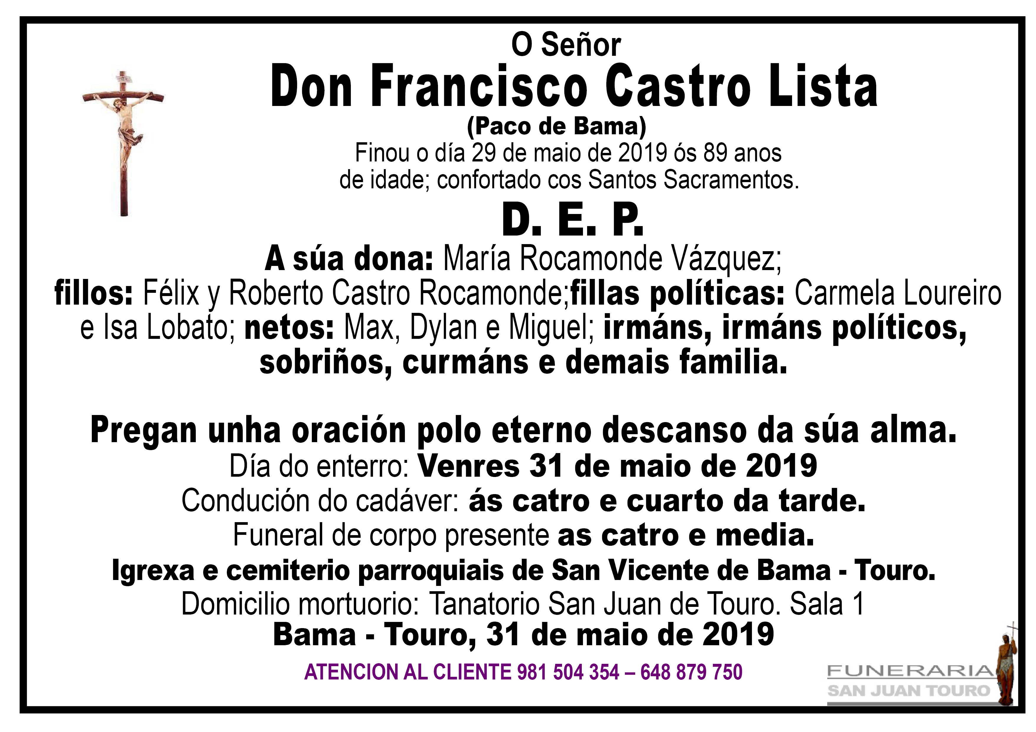 Esquela de SEPELIO DE DON FRANCISCO CASTRO LISTA