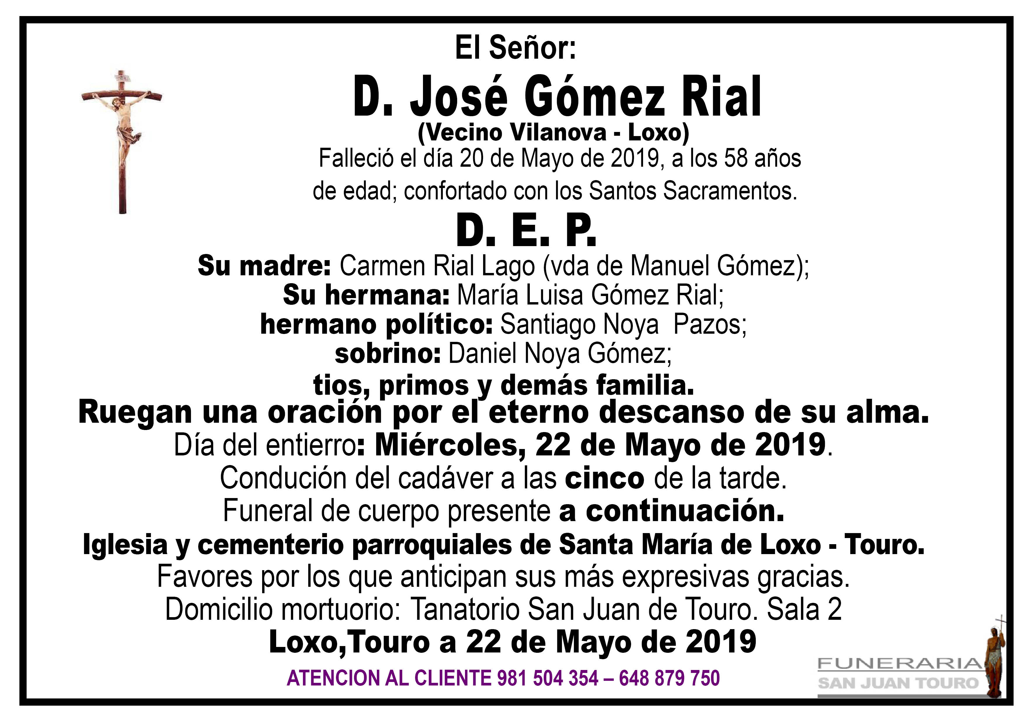 Esquela de SEPELIO DE DON JOSÉ GÓMEZ RIAL