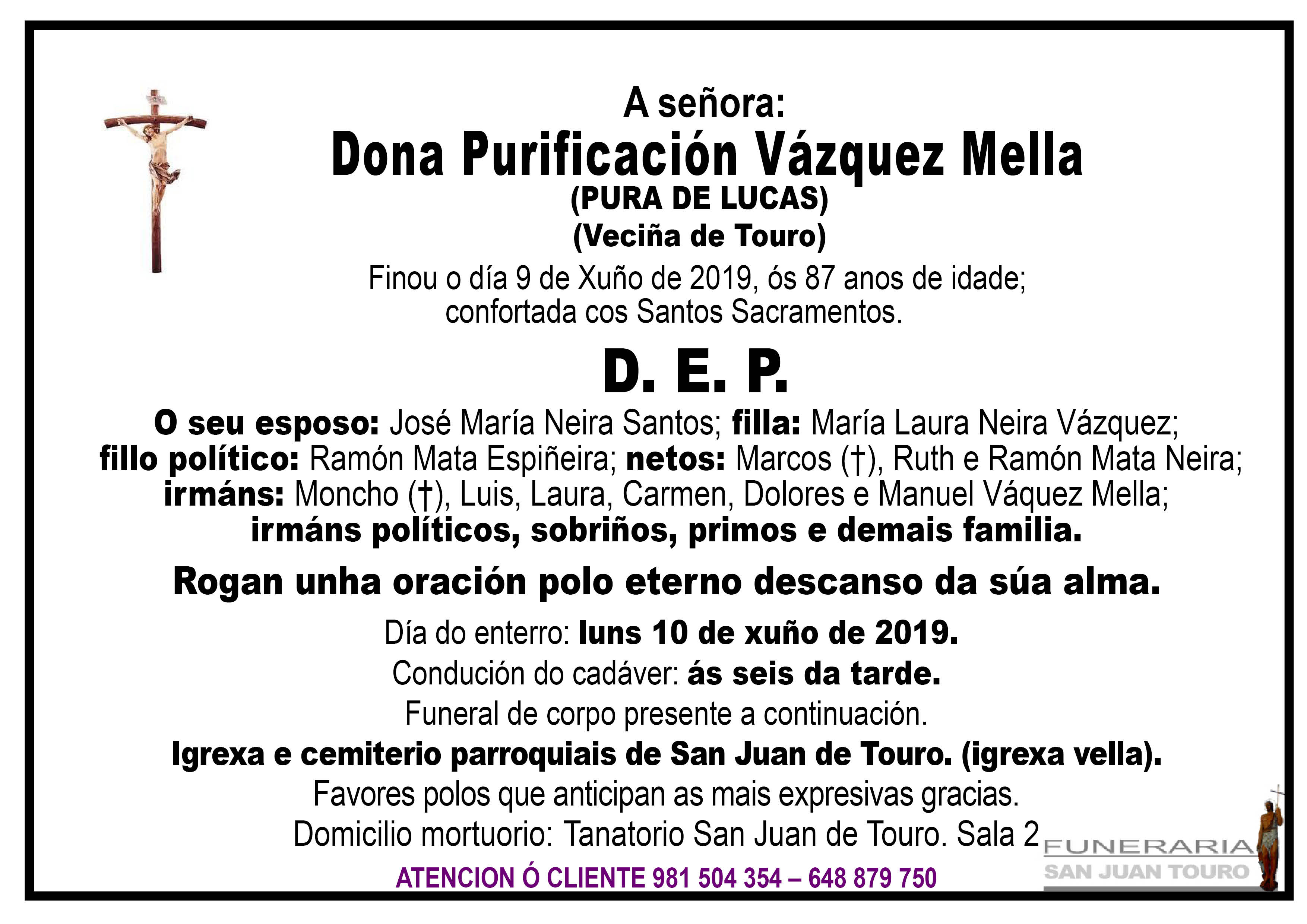 Esquela de PURIFICACIÓN VÁZQUEZ MELLA