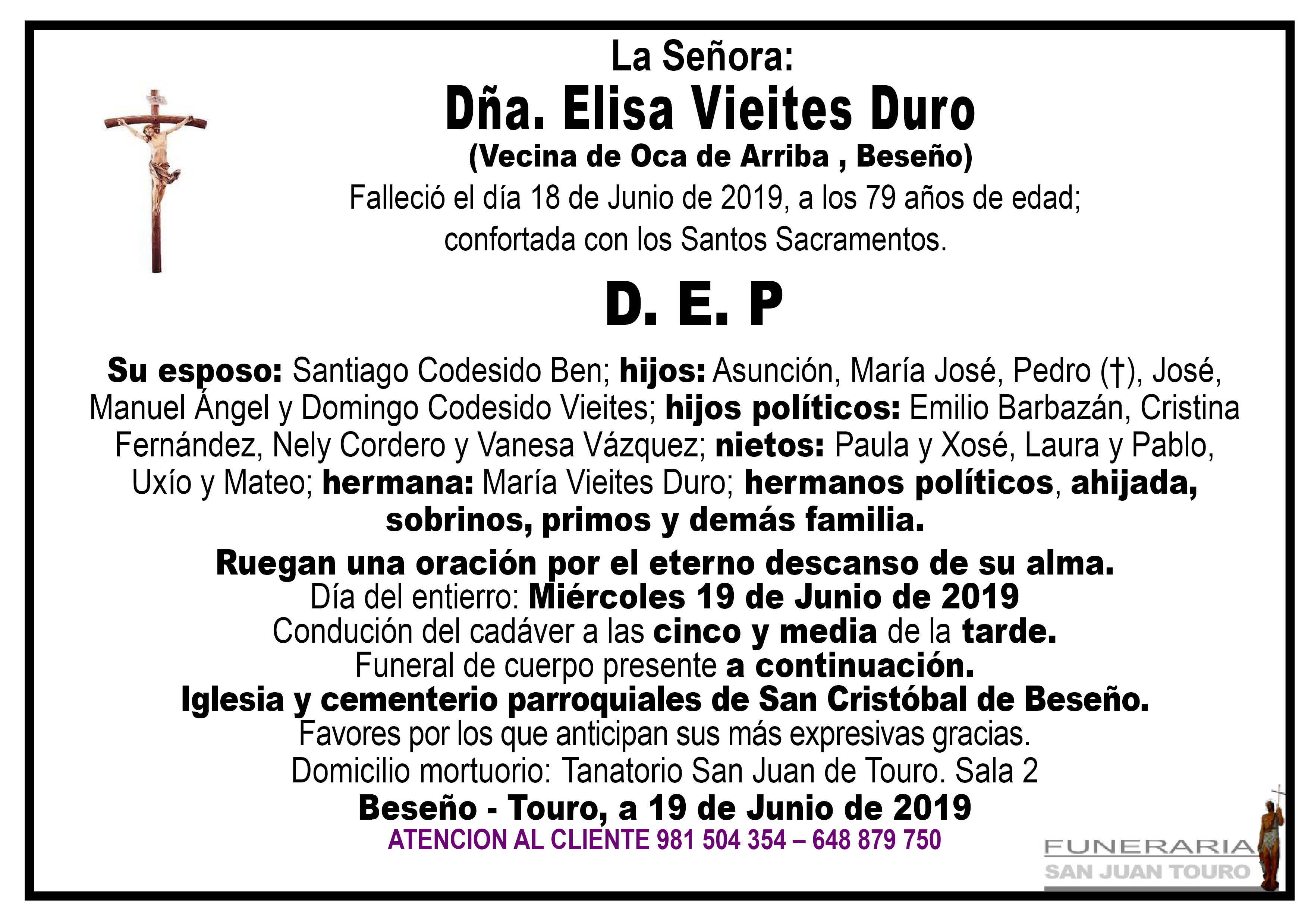 Esquela de SEPELIO DE DOÑA ELISA VIEITES DURO